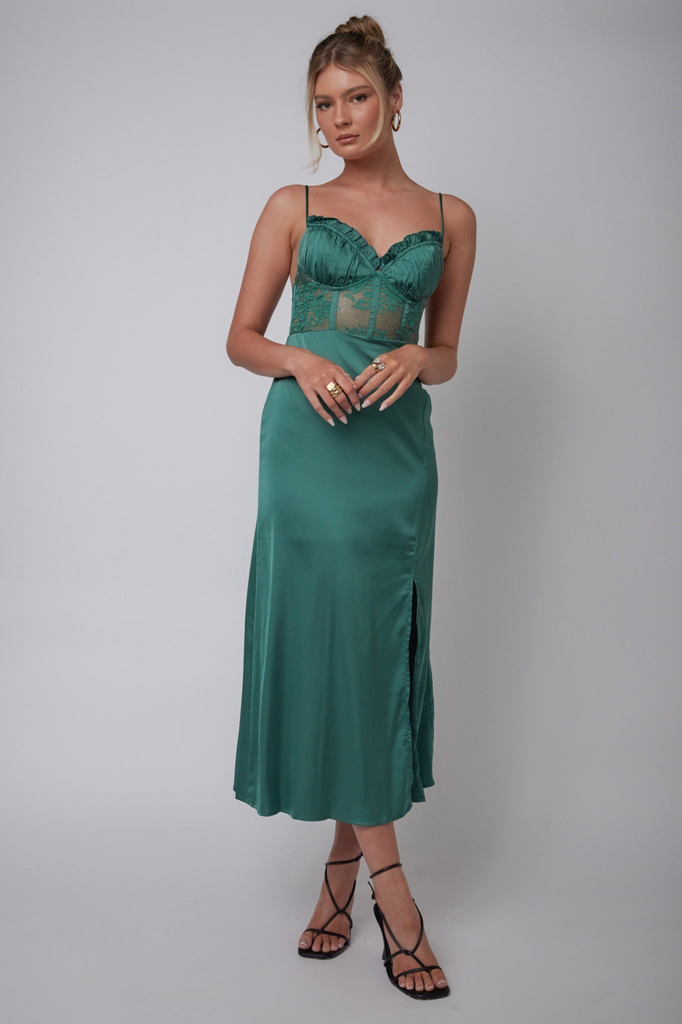 Trophy Lace Bodice Midi Dress Emerald-Maymioy