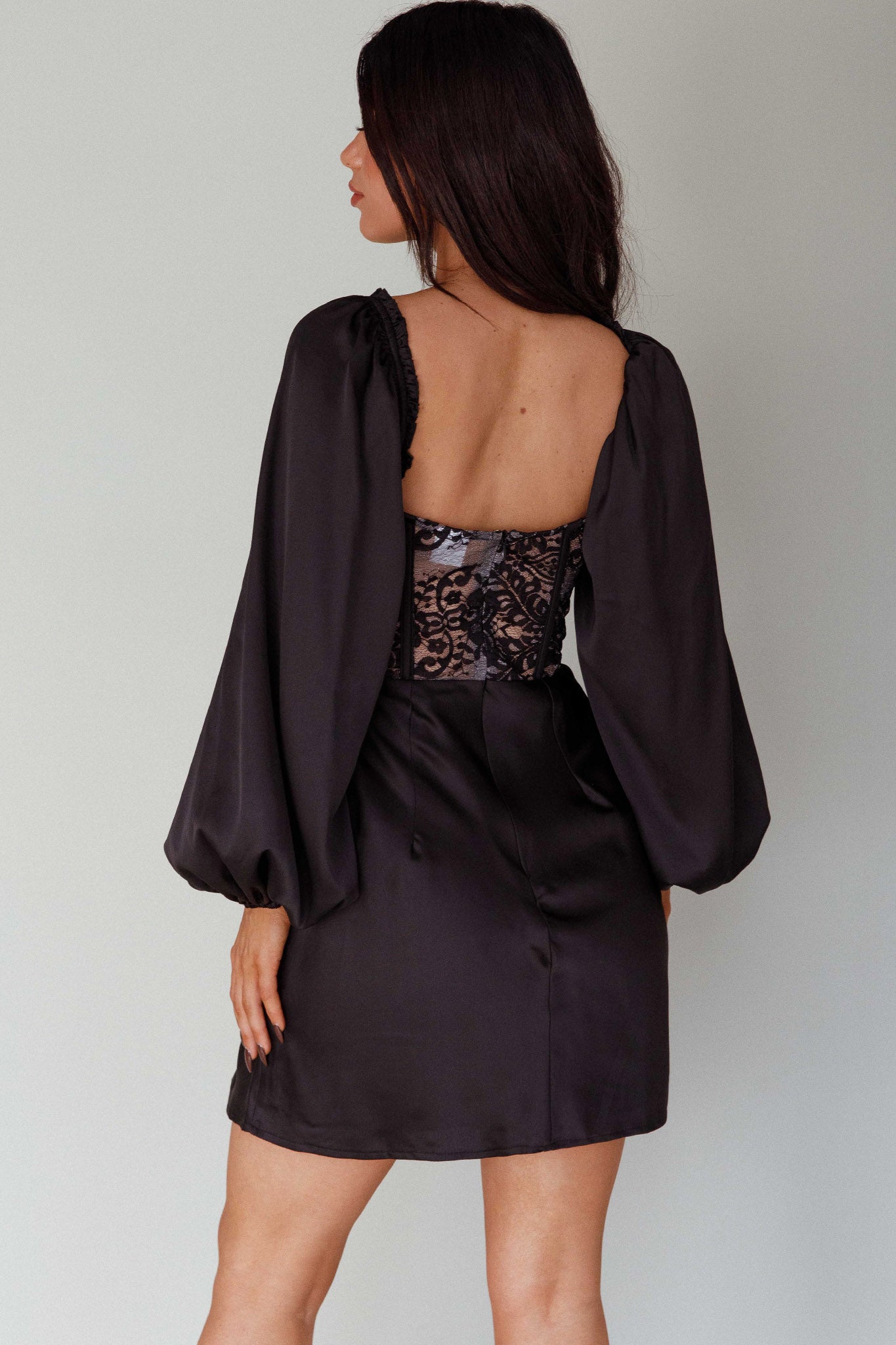 Trophy Long Sleeve Lace Bodice Mini Dress Black-Maymioy