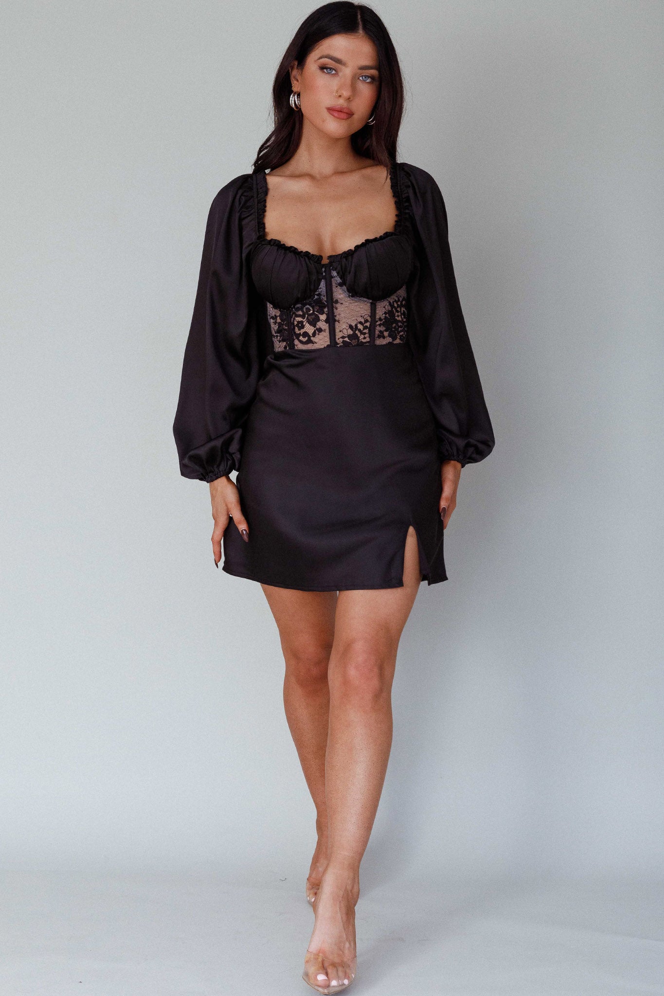 Trophy Long Sleeve Lace Bodice Mini Dress Black-Maymioy