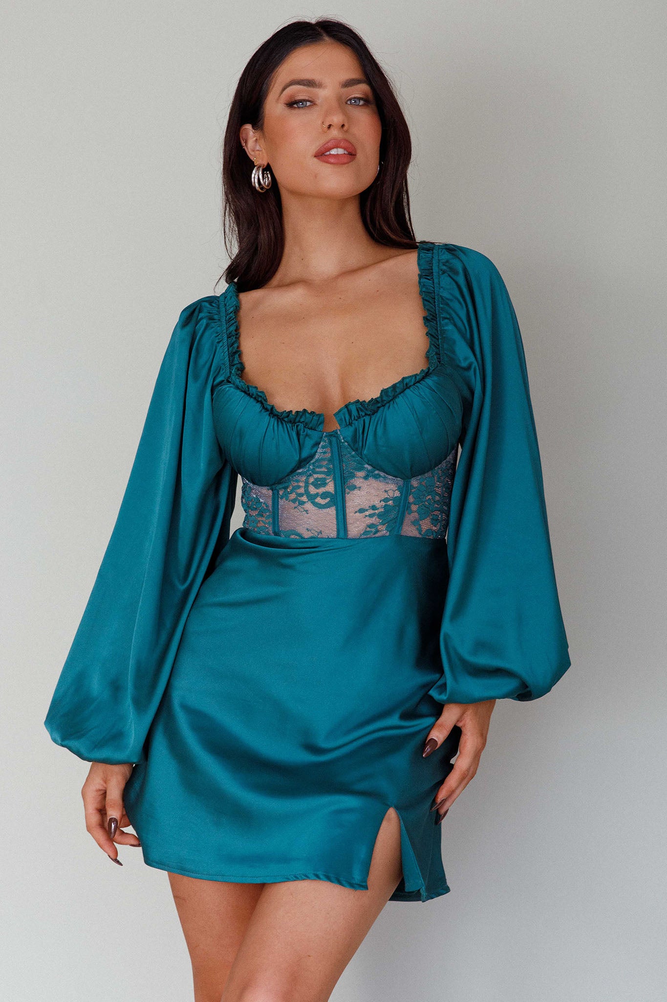 Trophy Long Sleeve Lace Bodice Mini Dress Forest Green-Maymioy