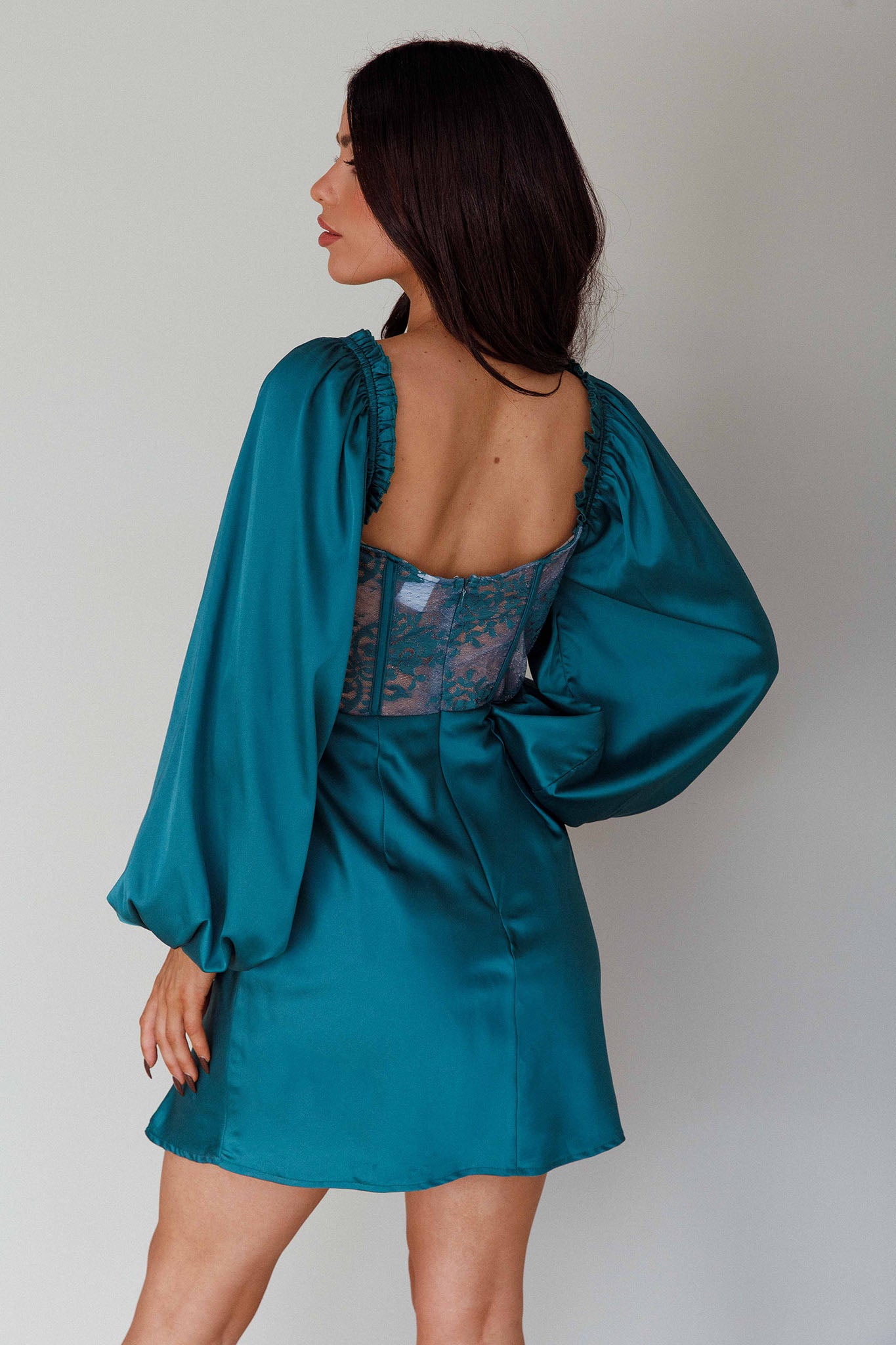Trophy Long Sleeve Lace Bodice Mini Dress Forest Green-Maymioy
