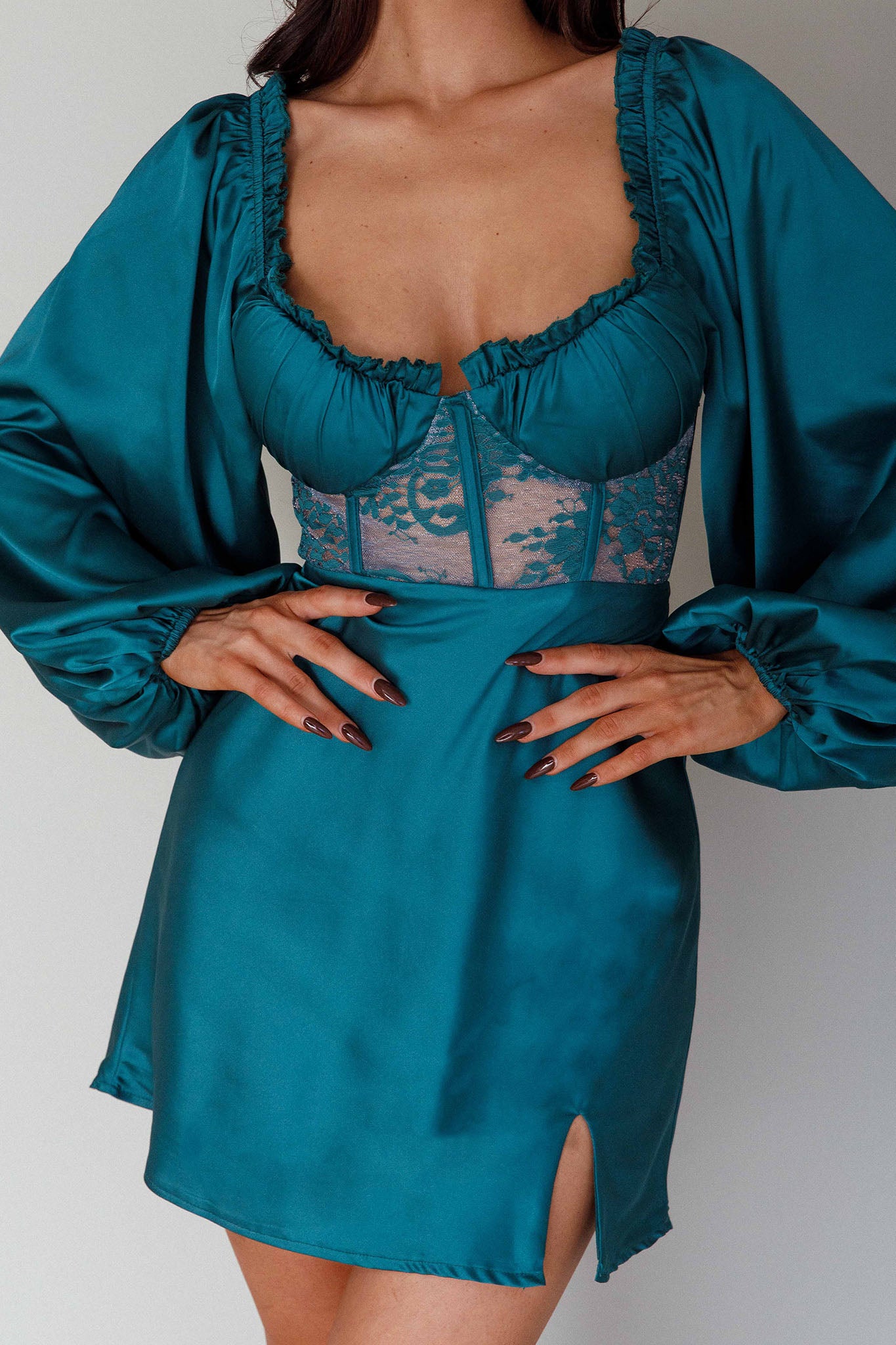 Trophy Long Sleeve Lace Bodice Mini Dress Forest Green-Maymioy