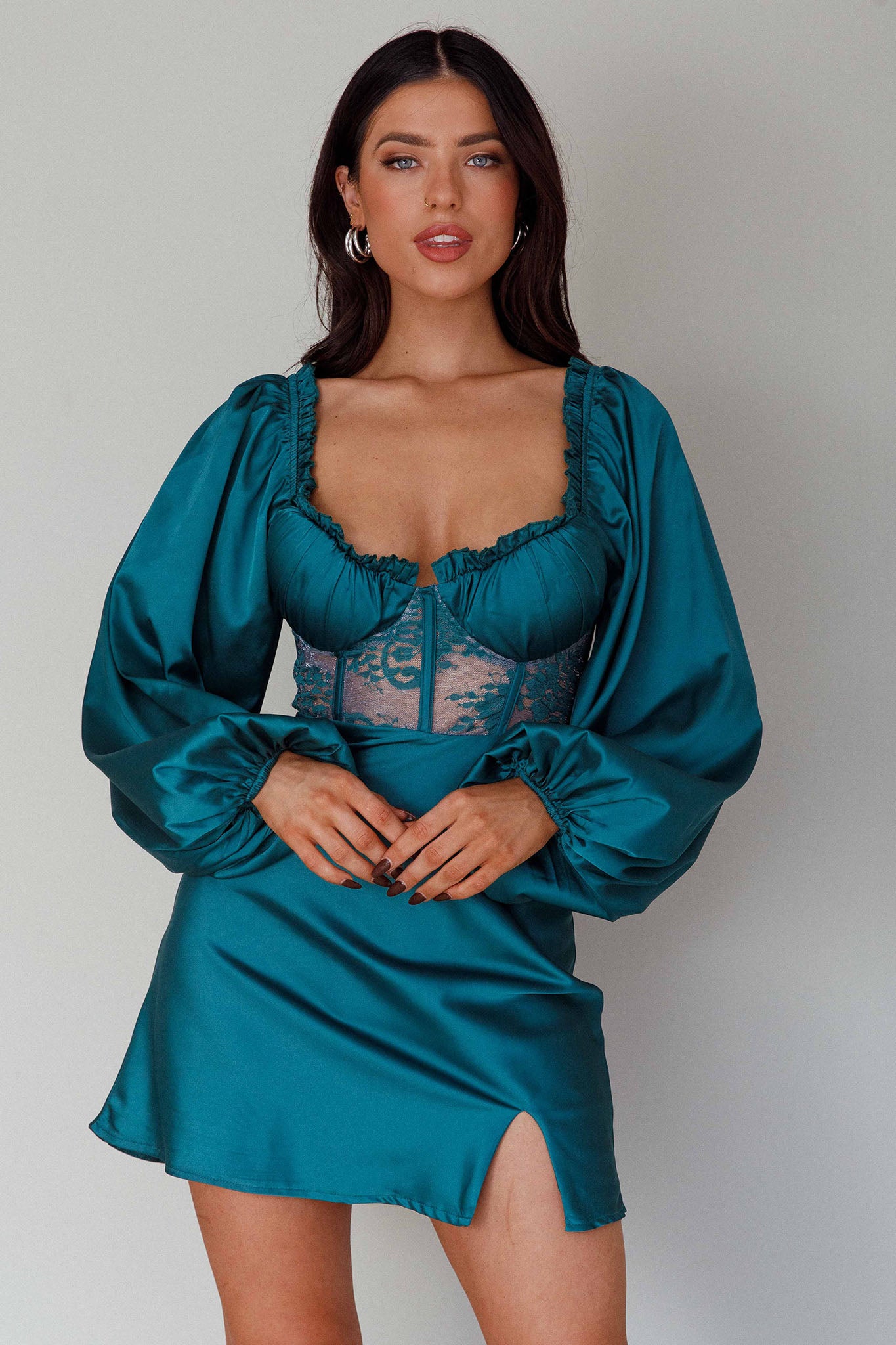 Trophy Long Sleeve Lace Bodice Mini Dress Forest Green-Maymioy