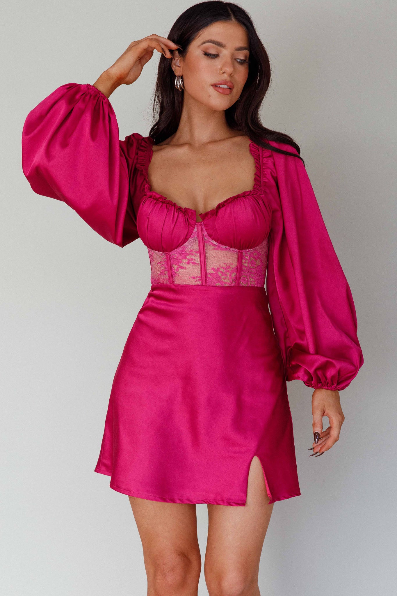 Trophy Long Sleeve Lace Bodice Mini Dress Plum-Maymioy
