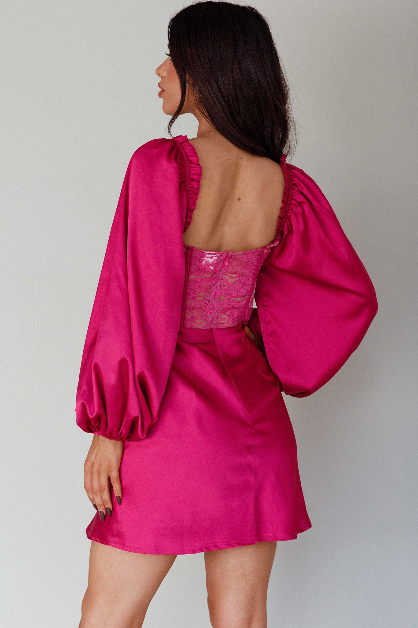Trophy Long Sleeve Lace Bodice Mini Dress Plum-Maymioy