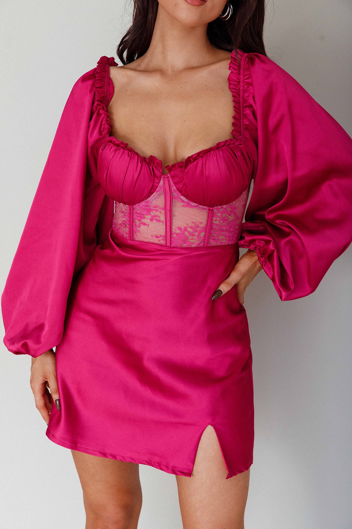Trophy Long Sleeve Lace Bodice Mini Dress Plum-Maymioy