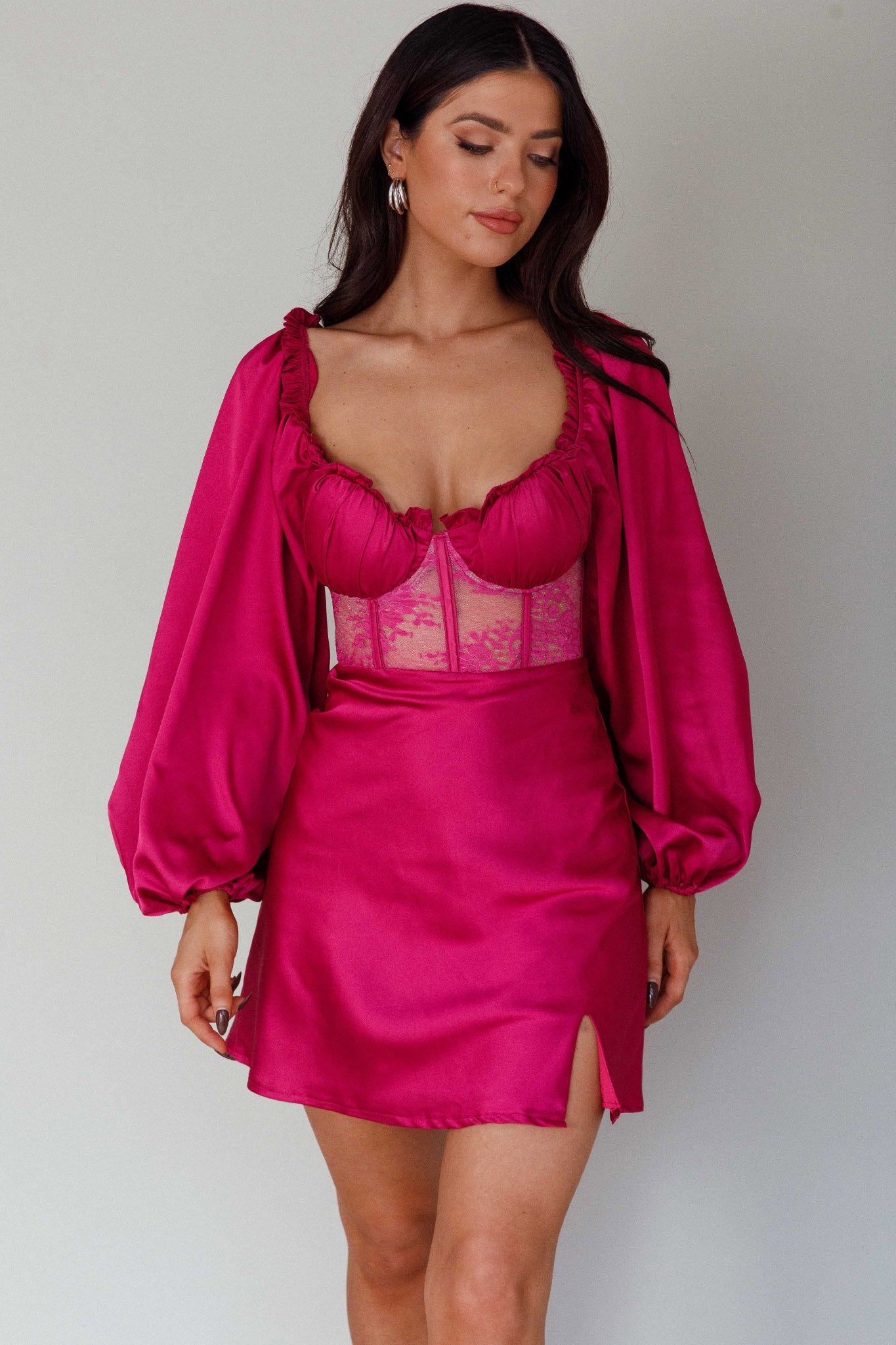 Trophy Long Sleeve Lace Bodice Mini Dress Plum-Maymioy