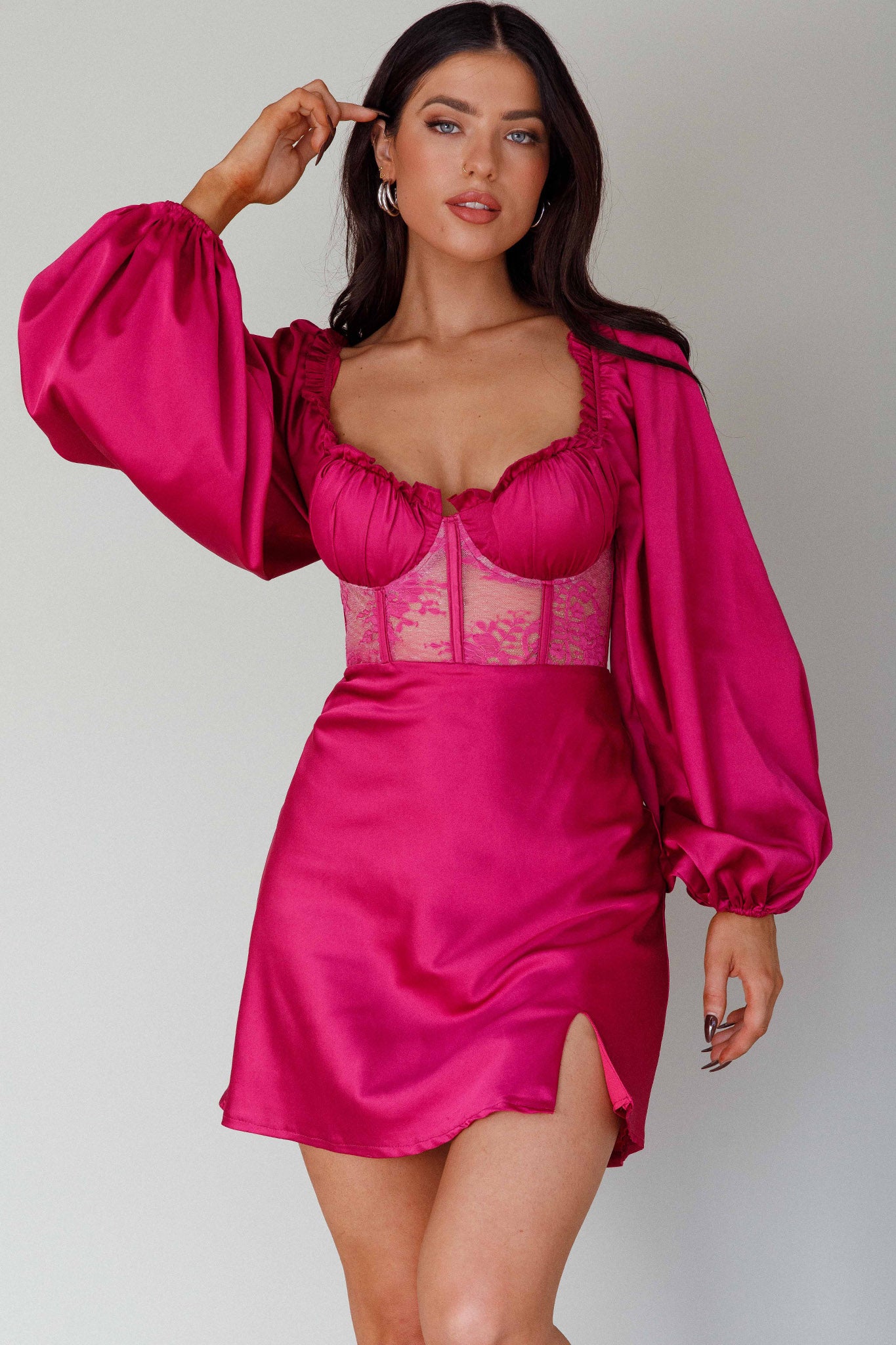 Trophy Long Sleeve Lace Bodice Mini Dress Plum-Maymioy