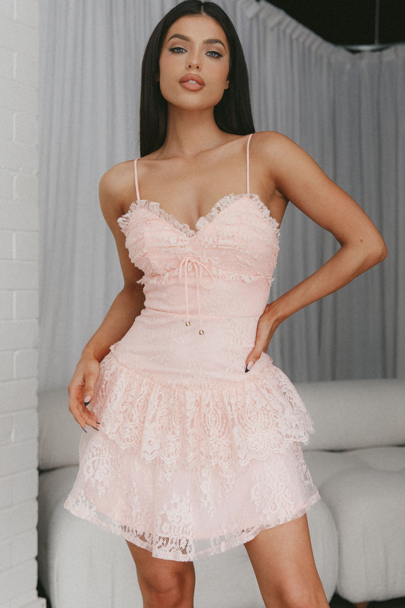St Tropez Cami Strap Frill Trim Lace Mini Dress Blush-Maymioy
