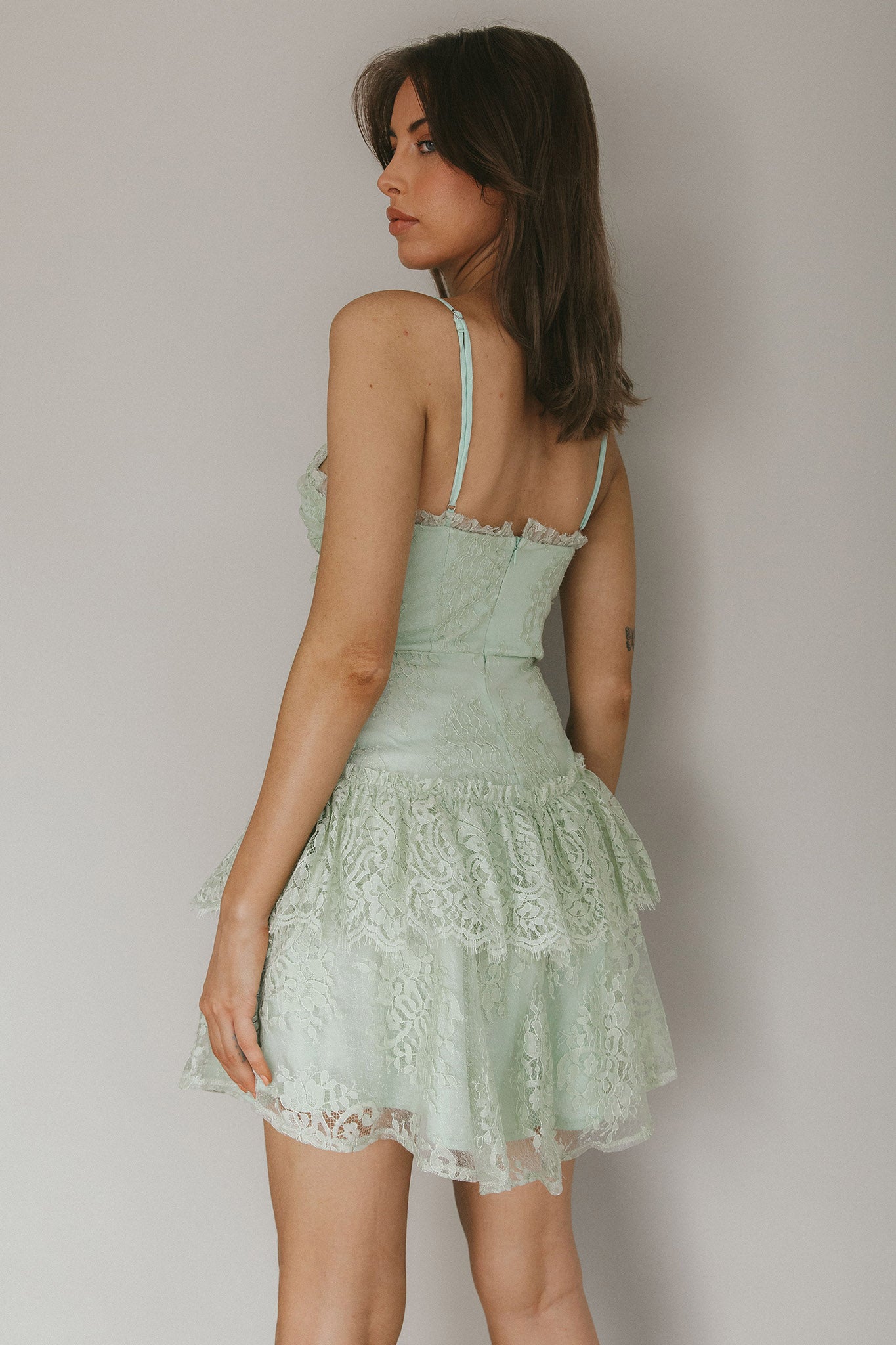 St Tropez Cami Strap Frill Trim Lace Mini Dress Sage-Maymioy