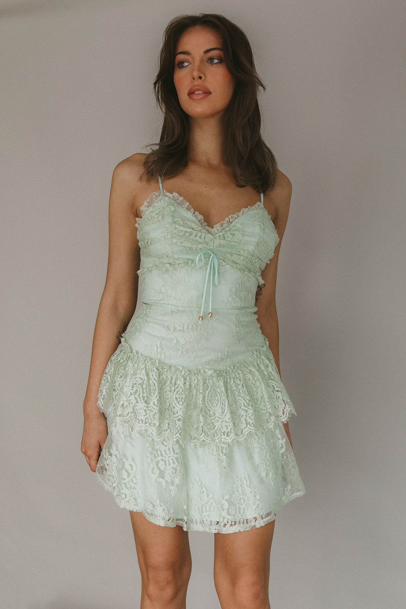 St Tropez Cami Strap Frill Trim Lace Mini Dress Sage-Maymioy
