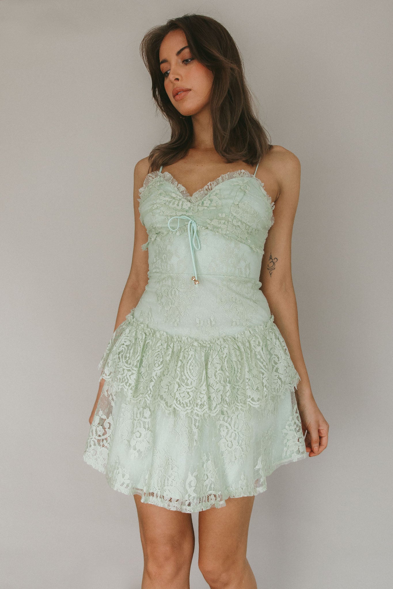 St Tropez Cami Strap Frill Trim Lace Mini Dress Sage-Maymioy