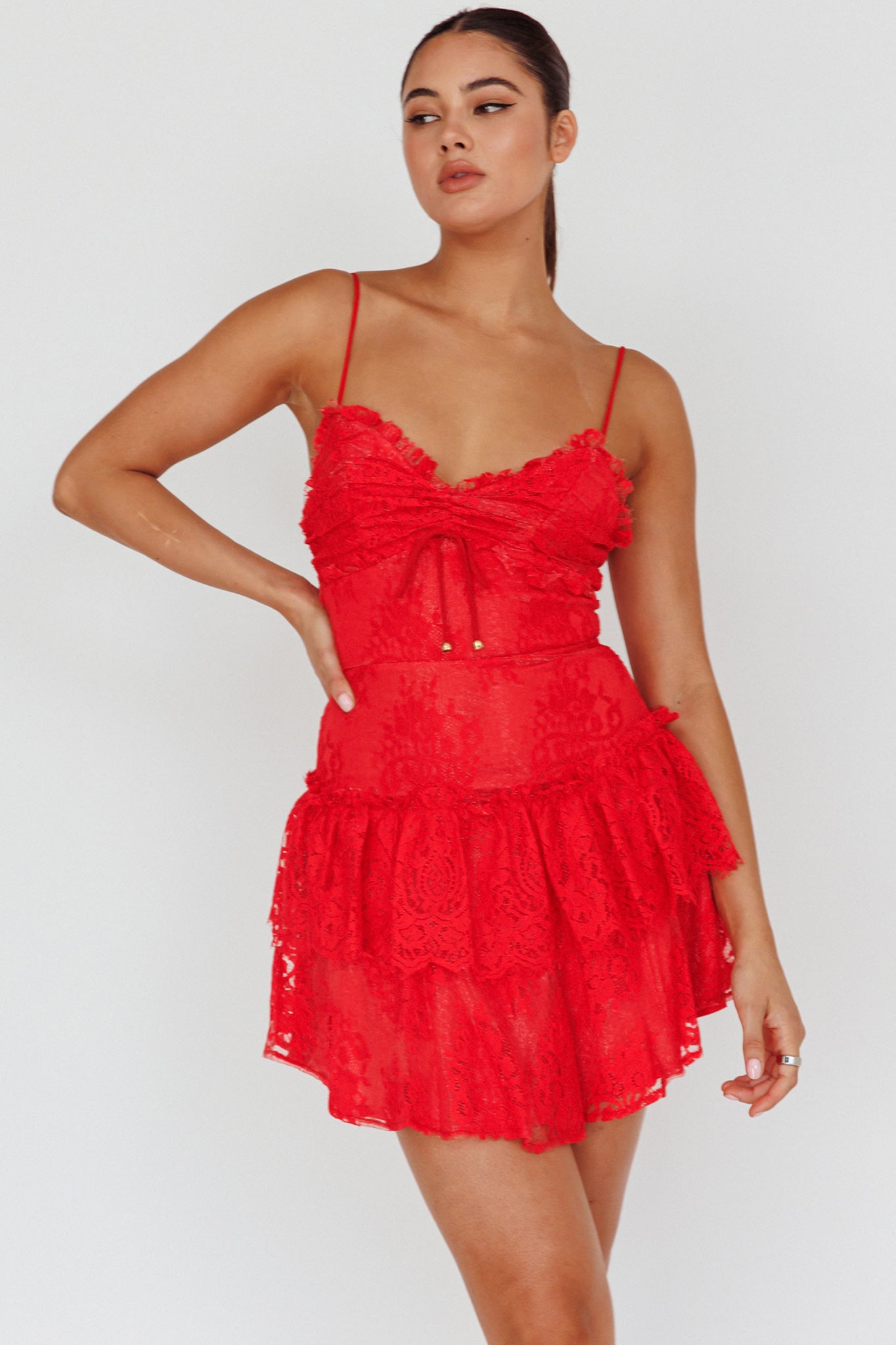 St Tropez Cami Strap Frill Trim Lace Mini Dress Red-Maymioy
