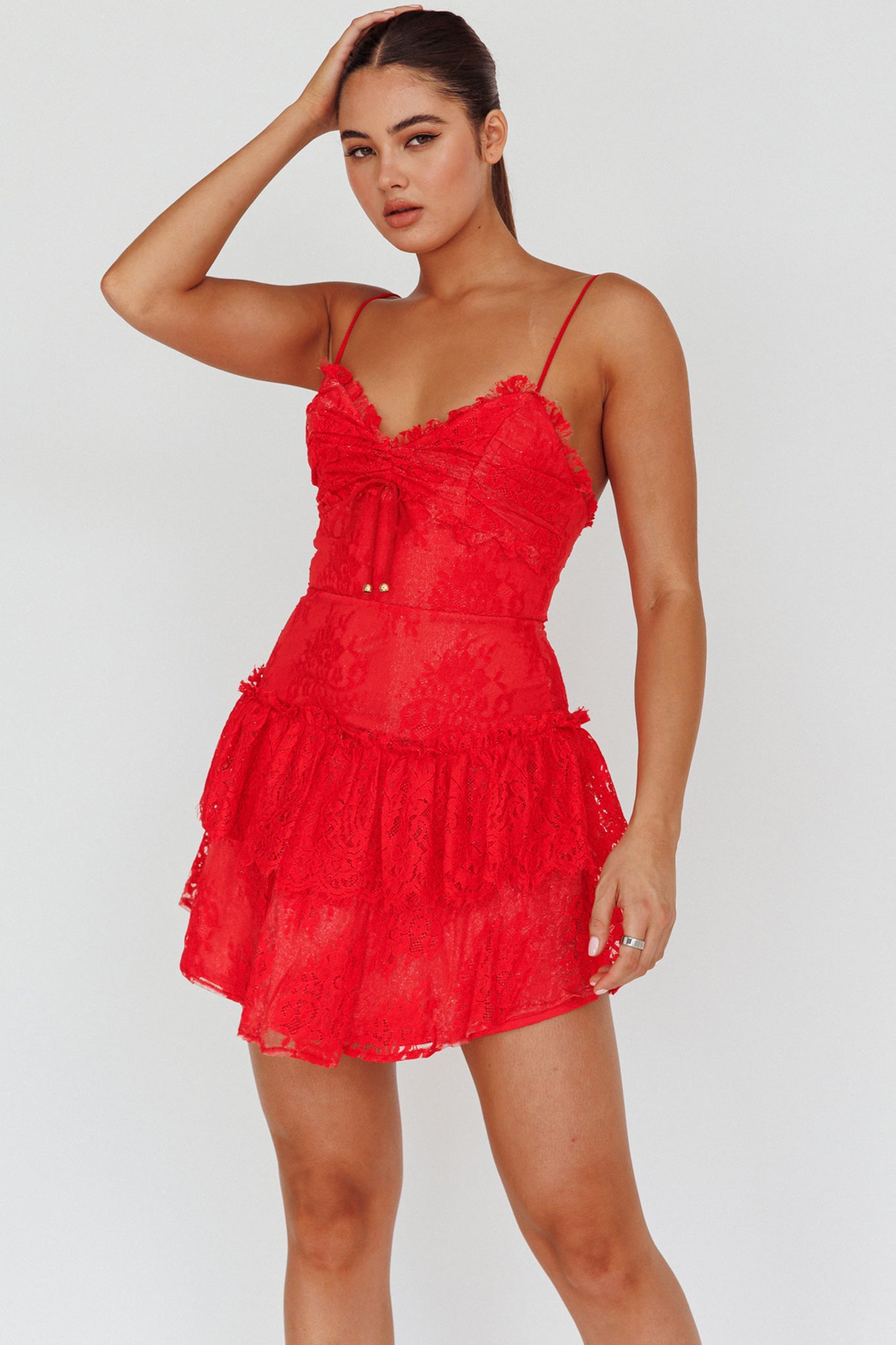 St Tropez Cami Strap Frill Trim Lace Mini Dress Red-Maymioy