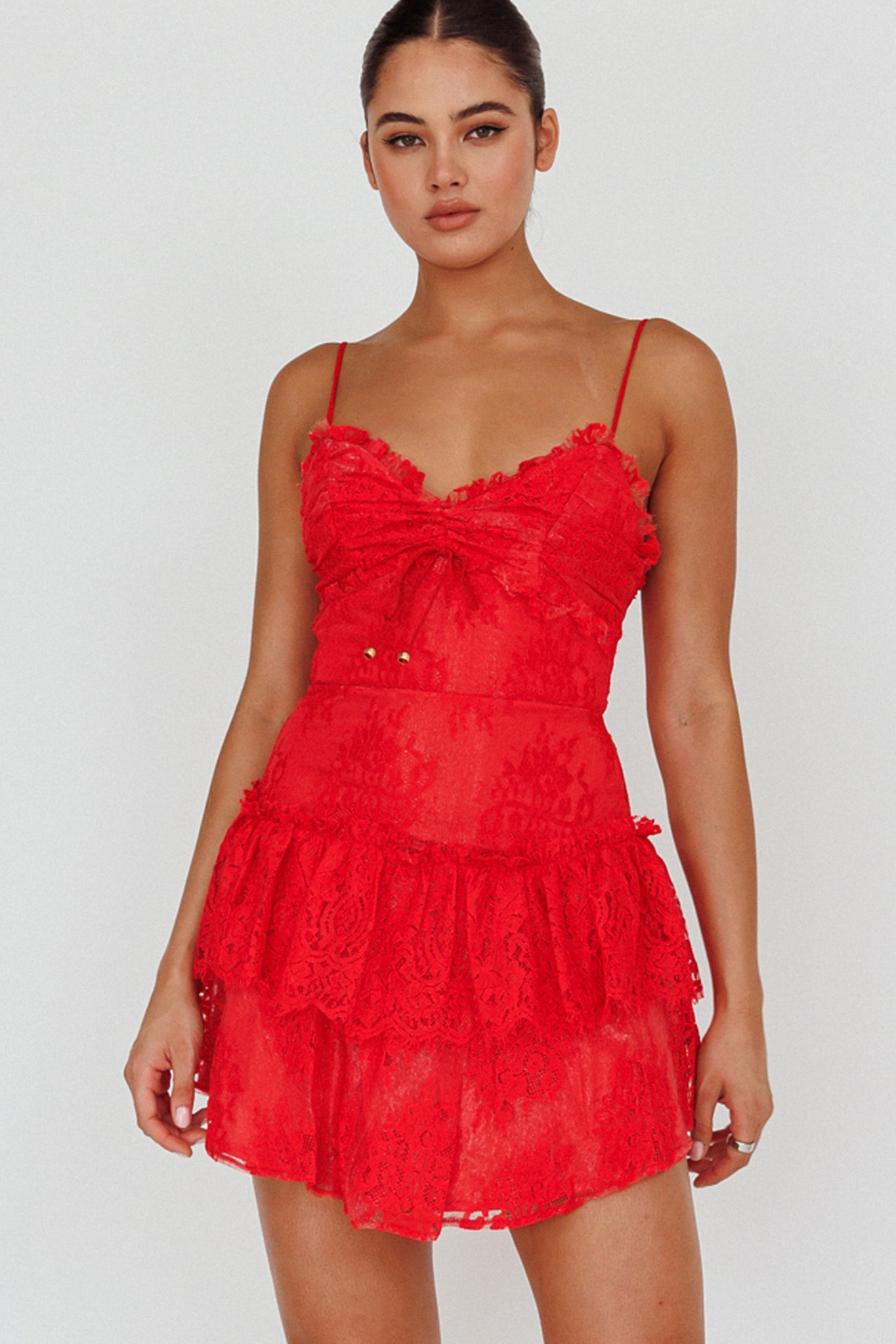 St Tropez Cami Strap Frill Trim Lace Mini Dress Red-Maymioy