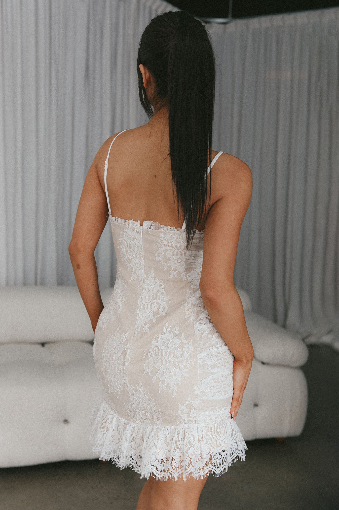St Tropez Cami Strap Frill Hem Lace Mini Dress White-Maymioy