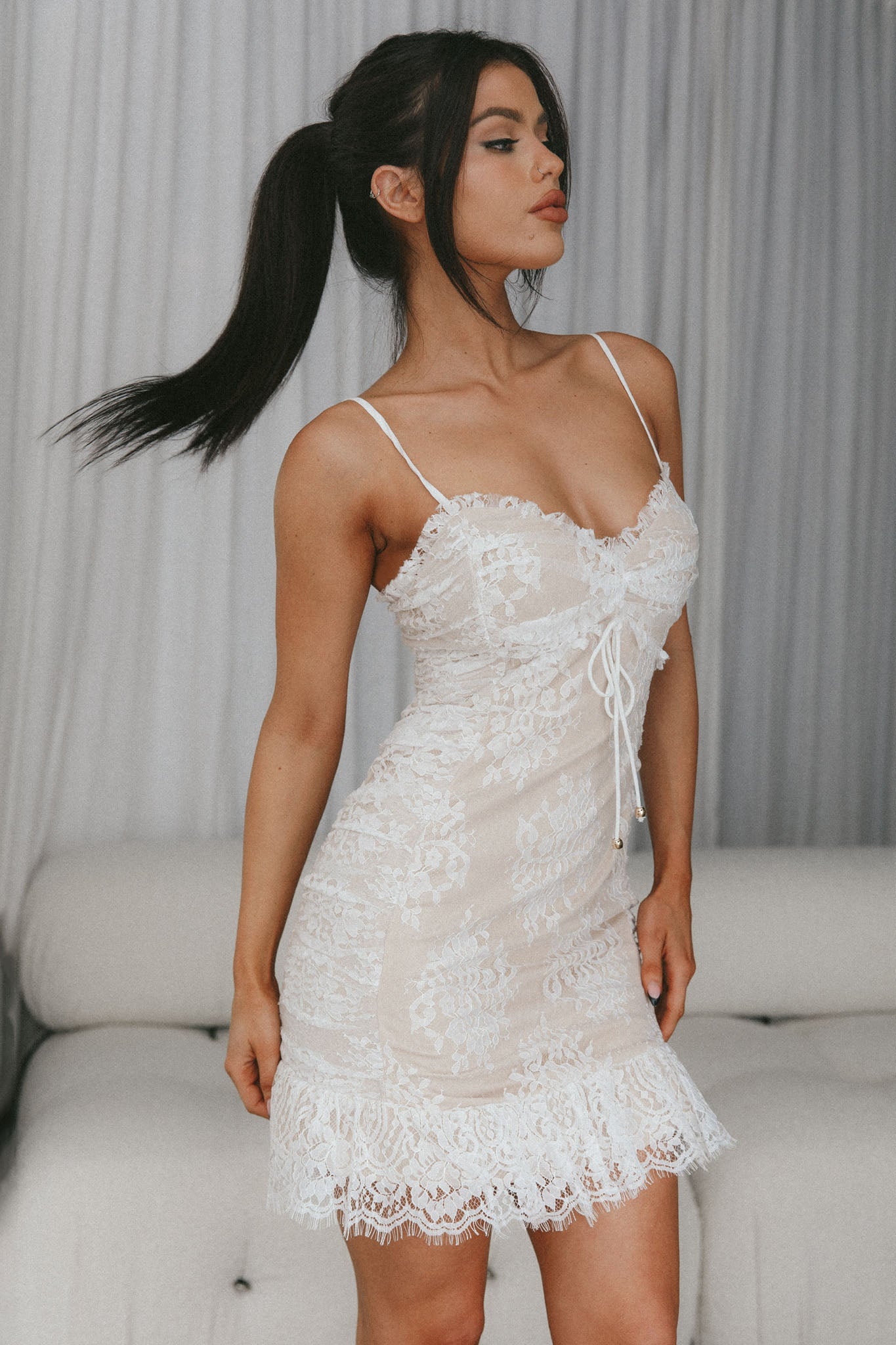 St Tropez Cami Strap Frill Hem Lace Mini Dress White-Maymioy