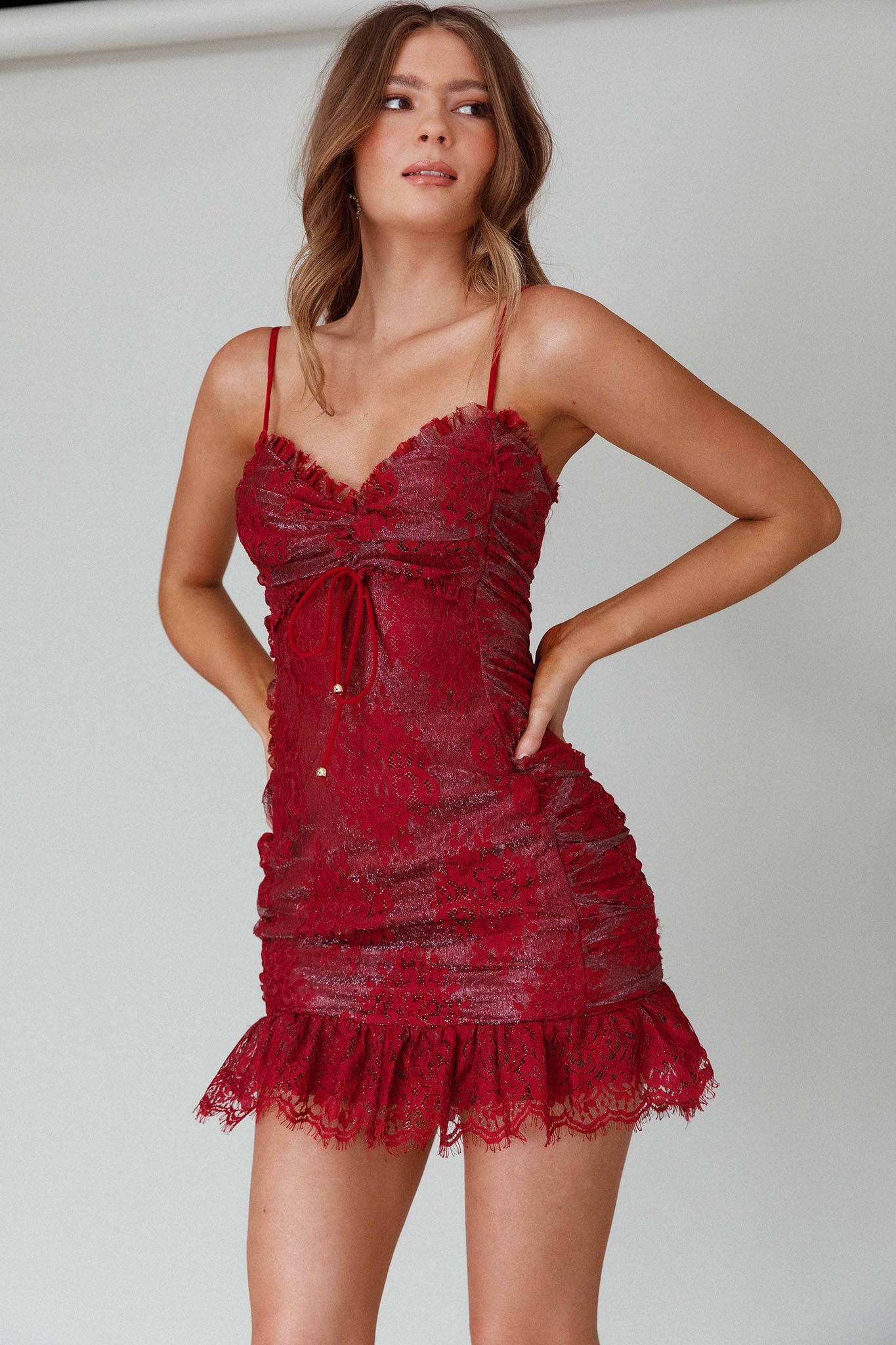 St Tropez Cami Strap Frill Hem Lace Mini Dress Wine-Maymioy