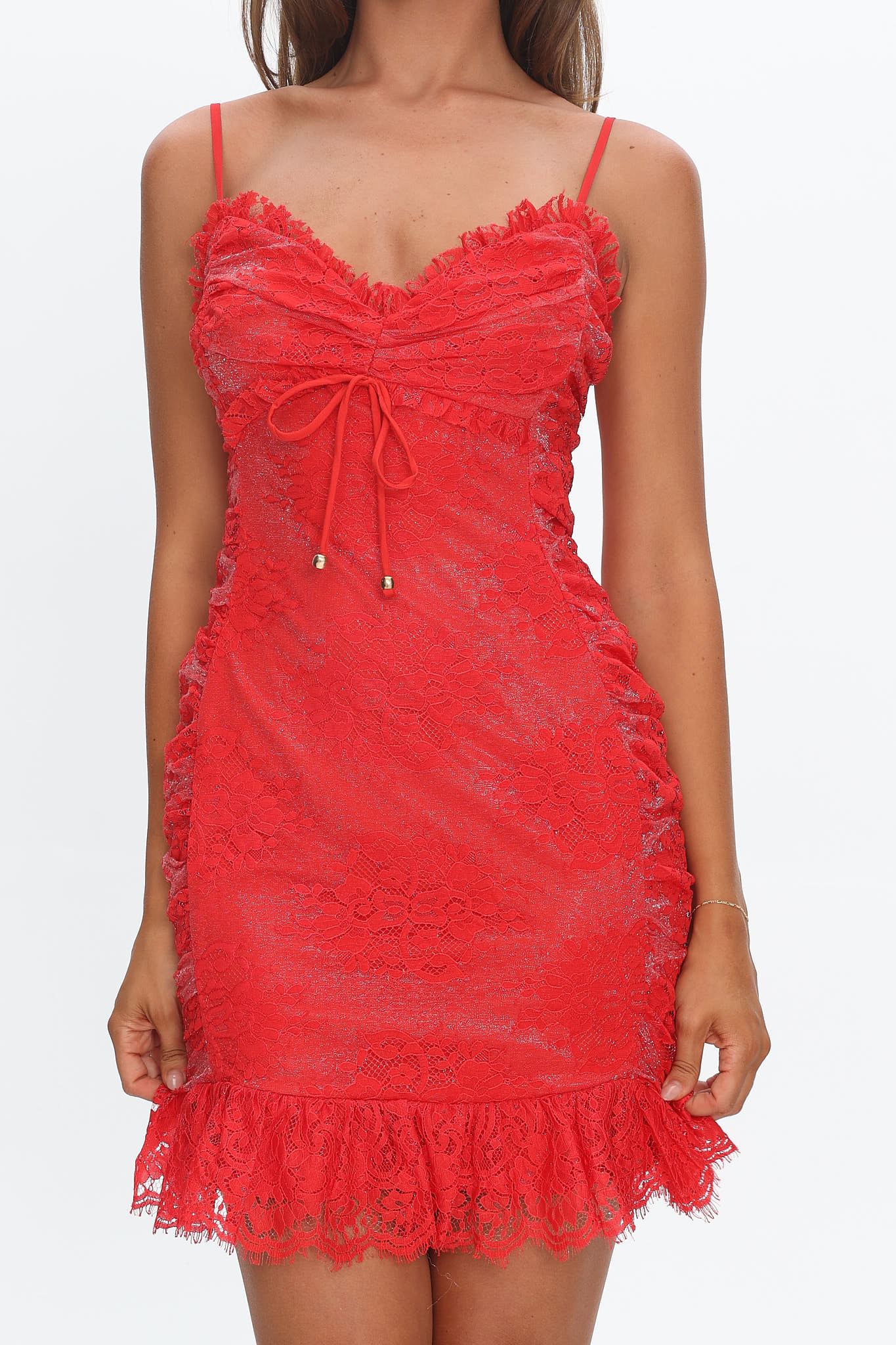 St Tropez Cami Strap Frill Hem Lace Mini Dress Red-Maymioy