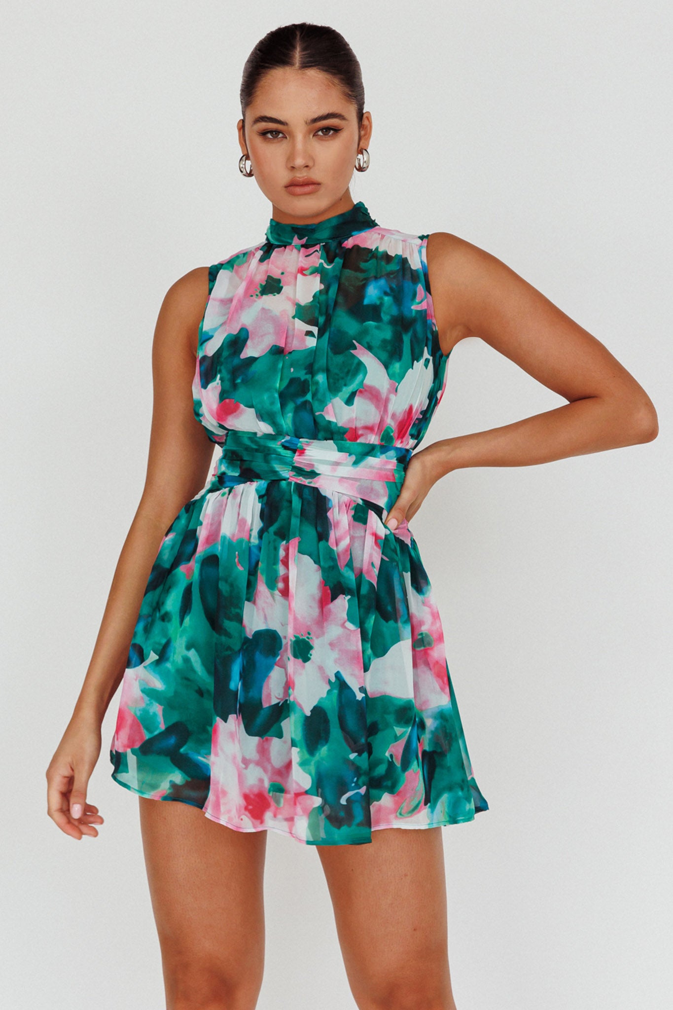 Mandalay High Neck Sleeveless Dress Floral Green-Maymioy