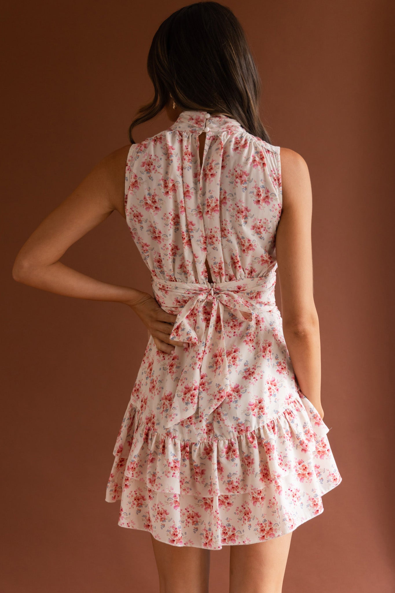Mandalay High Neck Sleeveless Waistband Dress Vintage Floral Pink-Maymioy