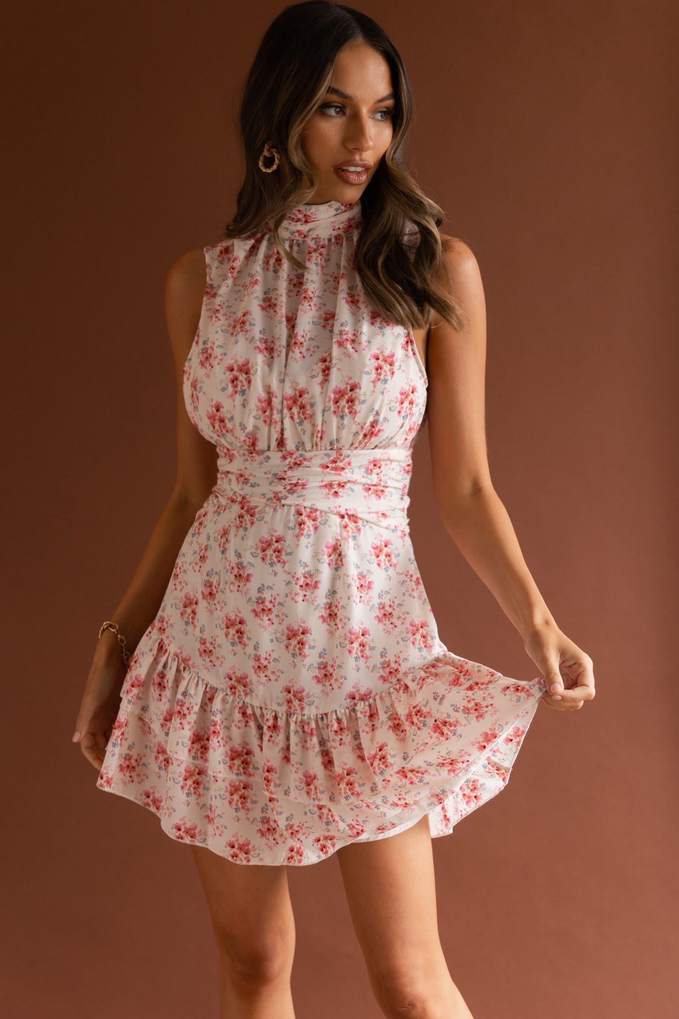 Mandalay High Neck Sleeveless Waistband Dress Vintage Floral Pink-Maymioy