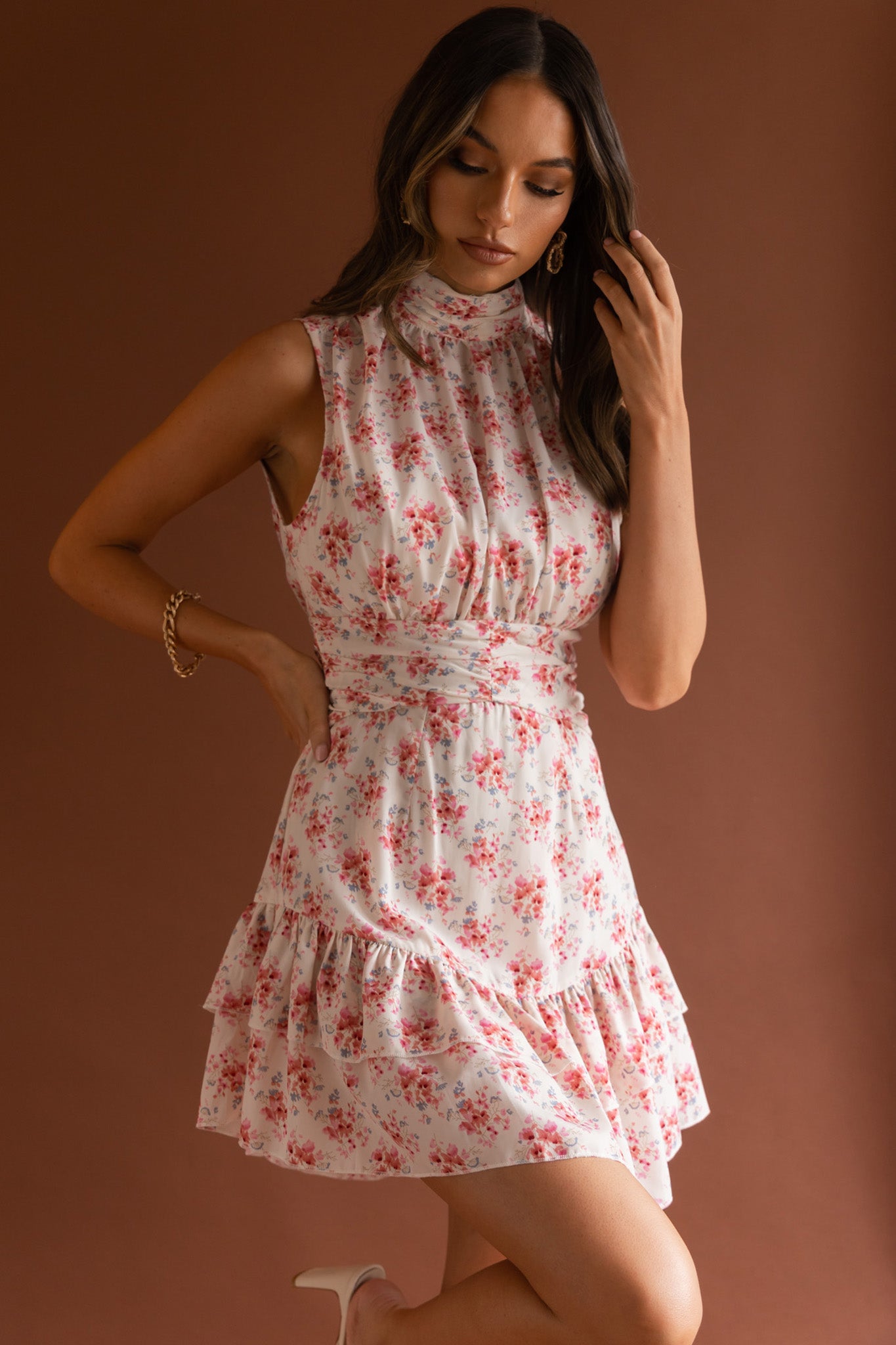 Mandalay High Neck Sleeveless Waistband Dress Vintage Floral Pink-Maymioy