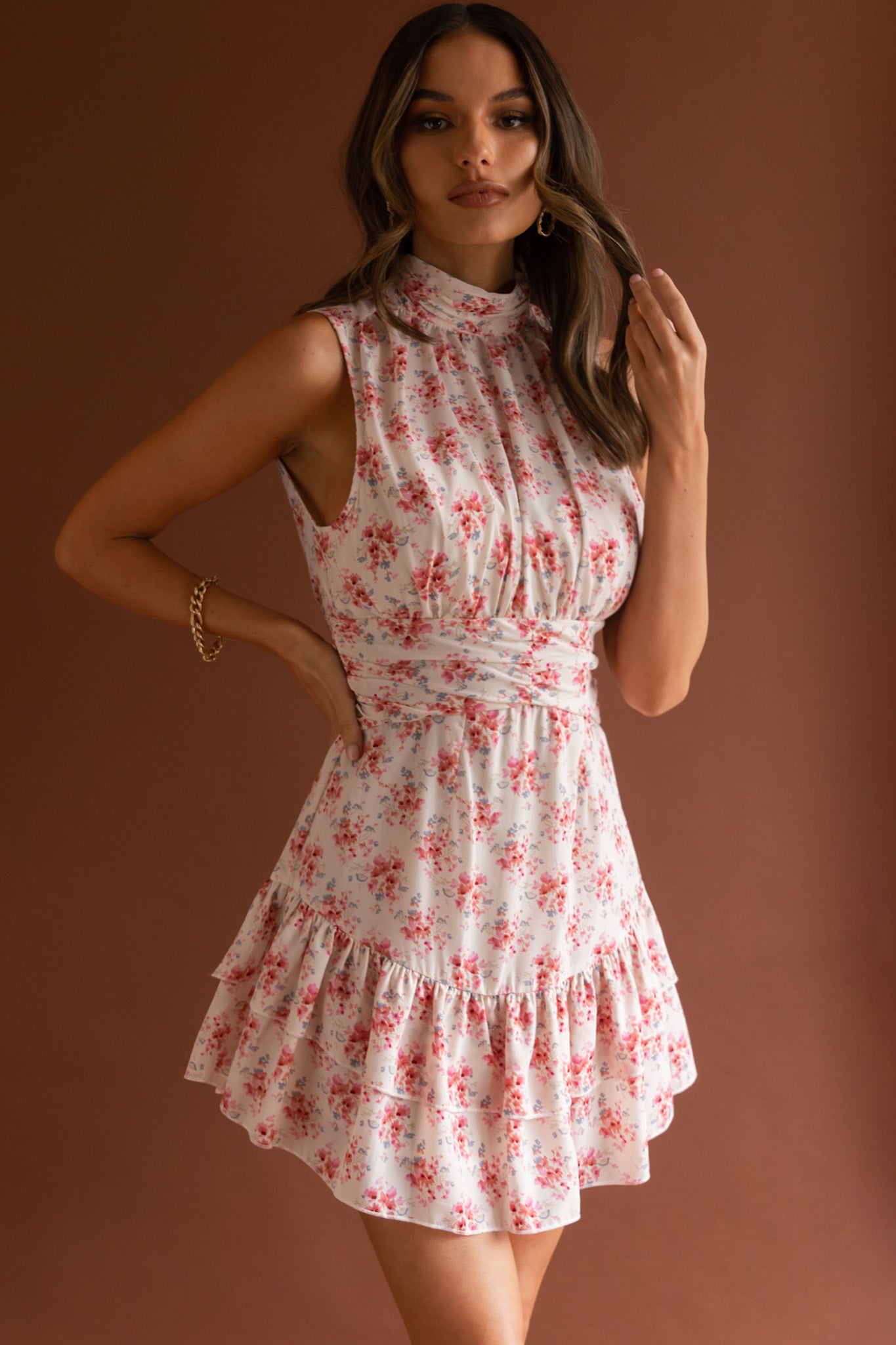 Mandalay High Neck Sleeveless Waistband Dress Vintage Floral Pink-Maymioy
