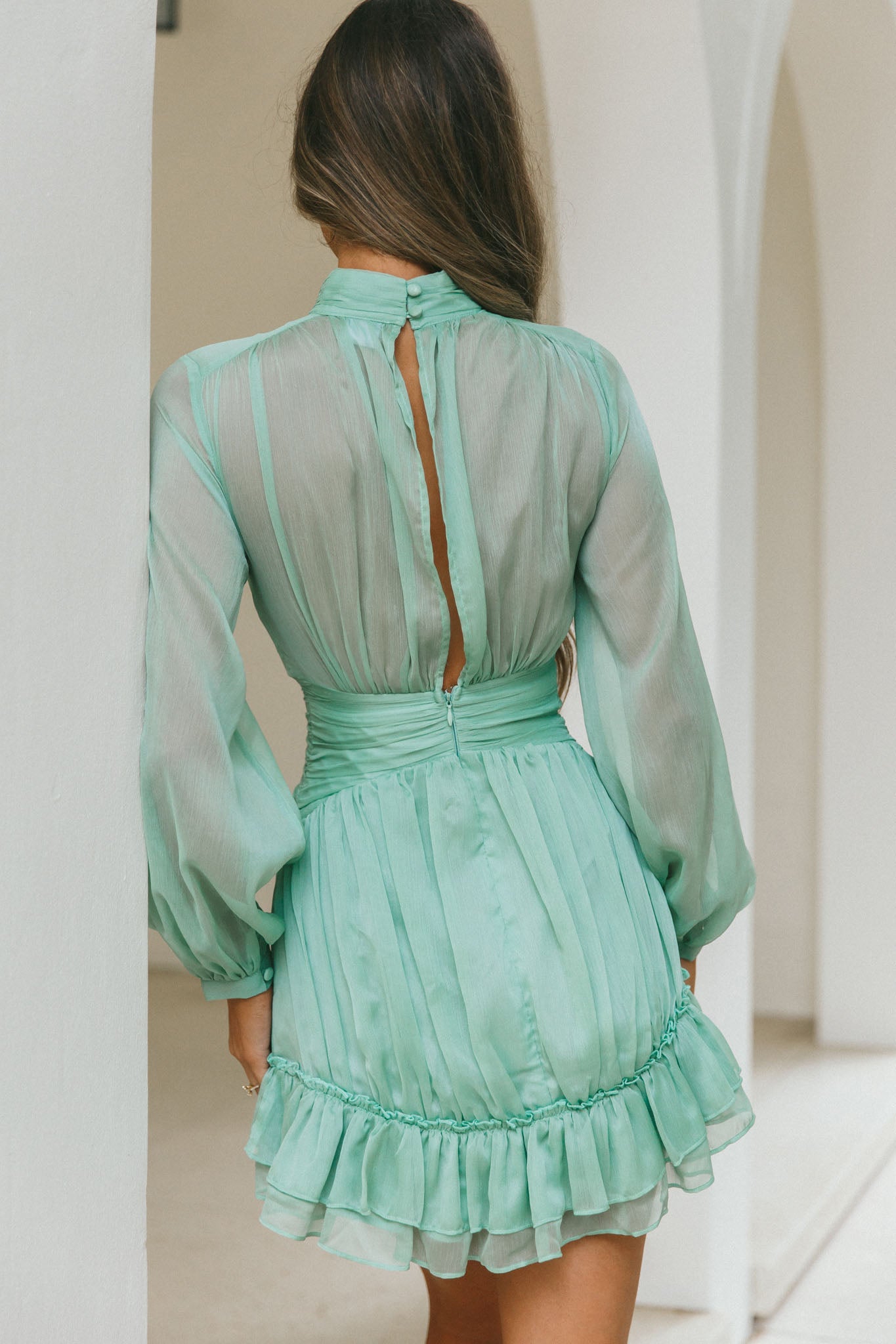 Mandalay High Neck Long Sleeve Waistband Dress Sage-Maymioy