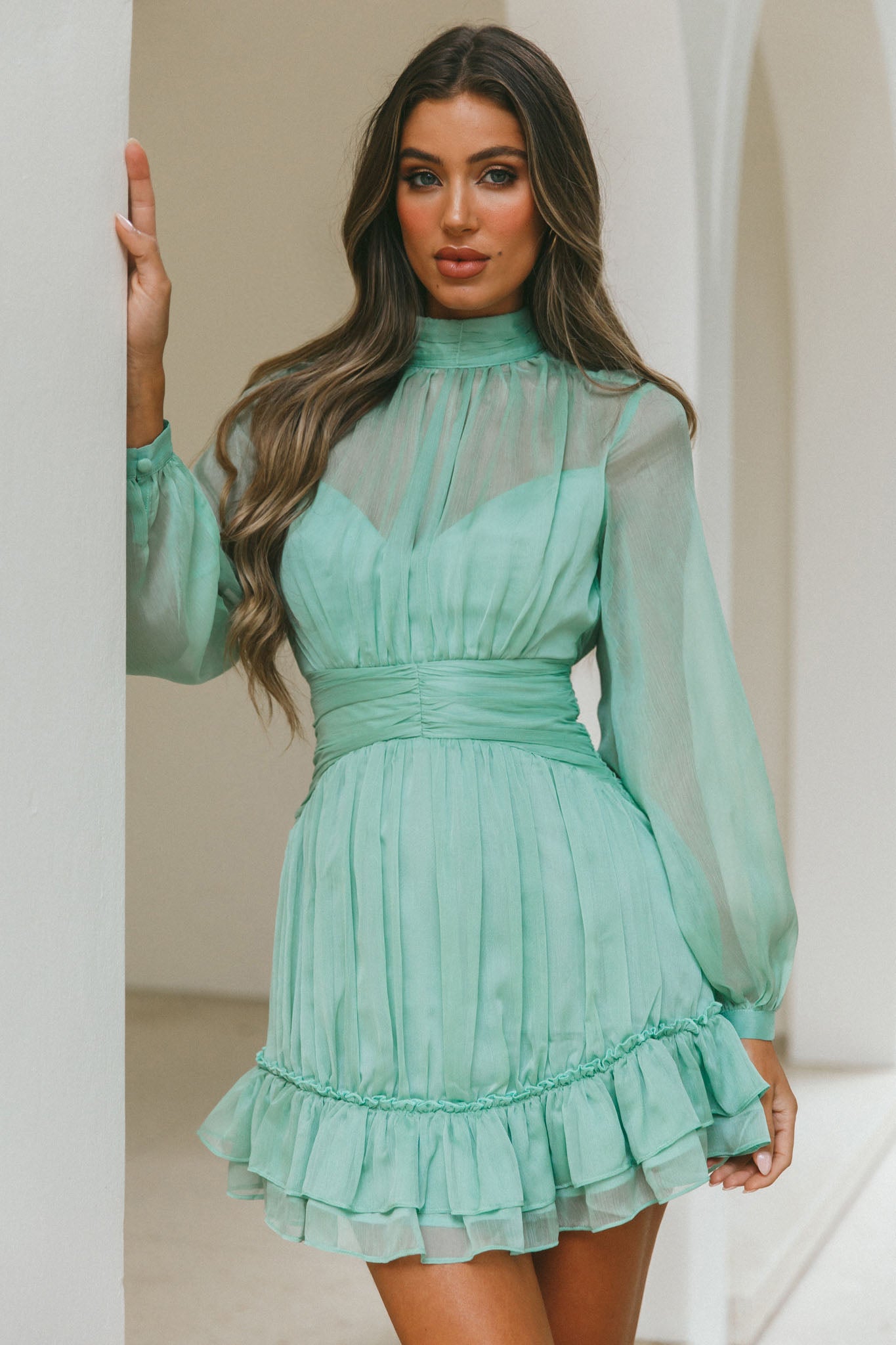 Mandalay High Neck Long Sleeve Waistband Dress Sage-Maymioy