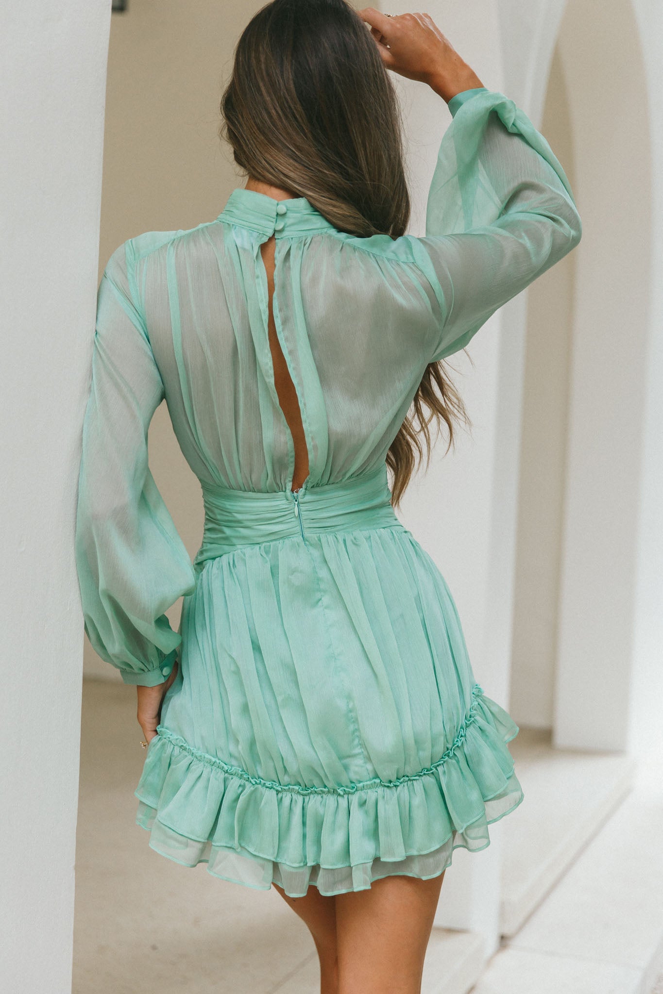 Mandalay High Neck Long Sleeve Waistband Dress Sage-Maymioy
