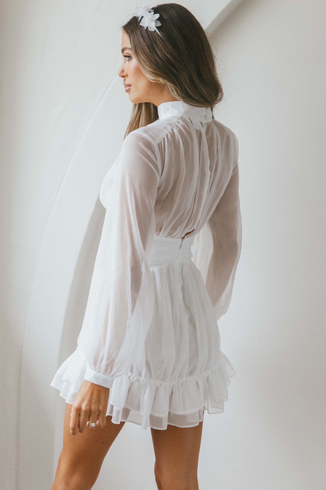 Mandalay High Neck Long Sleeve Waistband Dress White-Maymioy