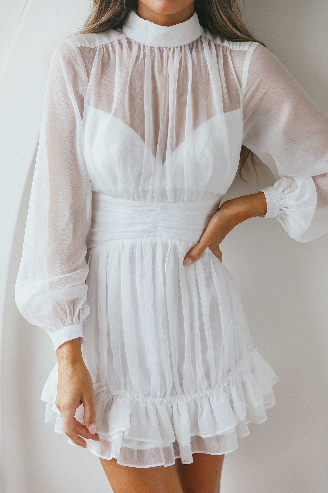 Mandalay High Neck Long Sleeve Waistband Dress White-Maymioy