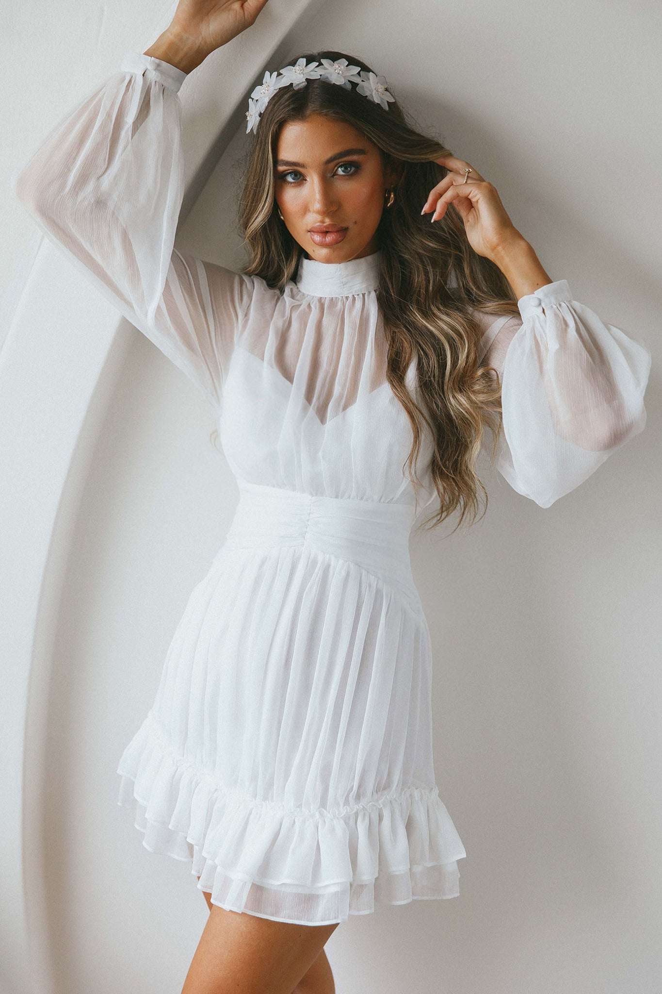 Mandalay High Neck Long Sleeve Waistband Dress White-Maymioy