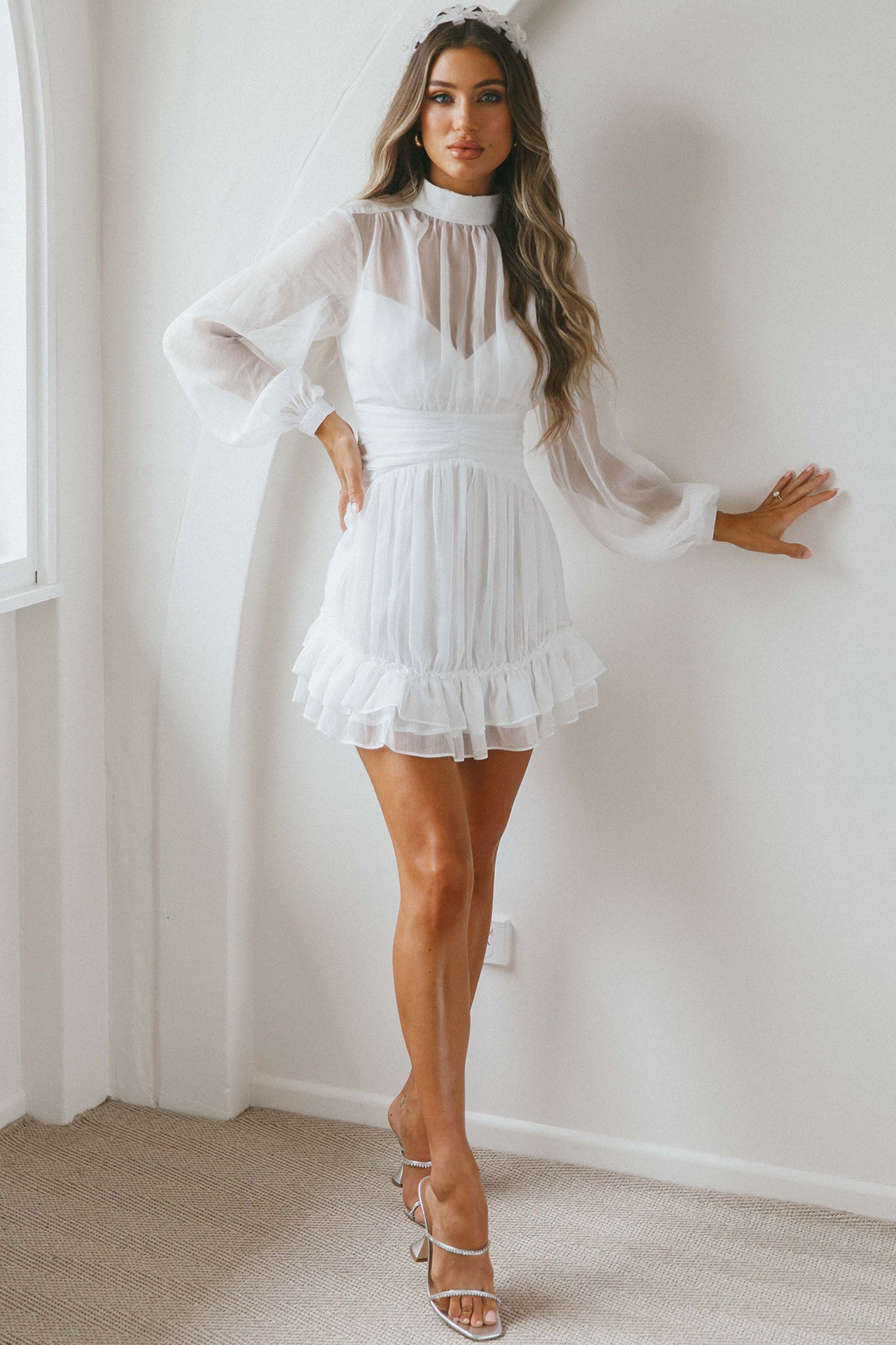 Mandalay High Neck Long Sleeve Waistband Dress White-Maymioy