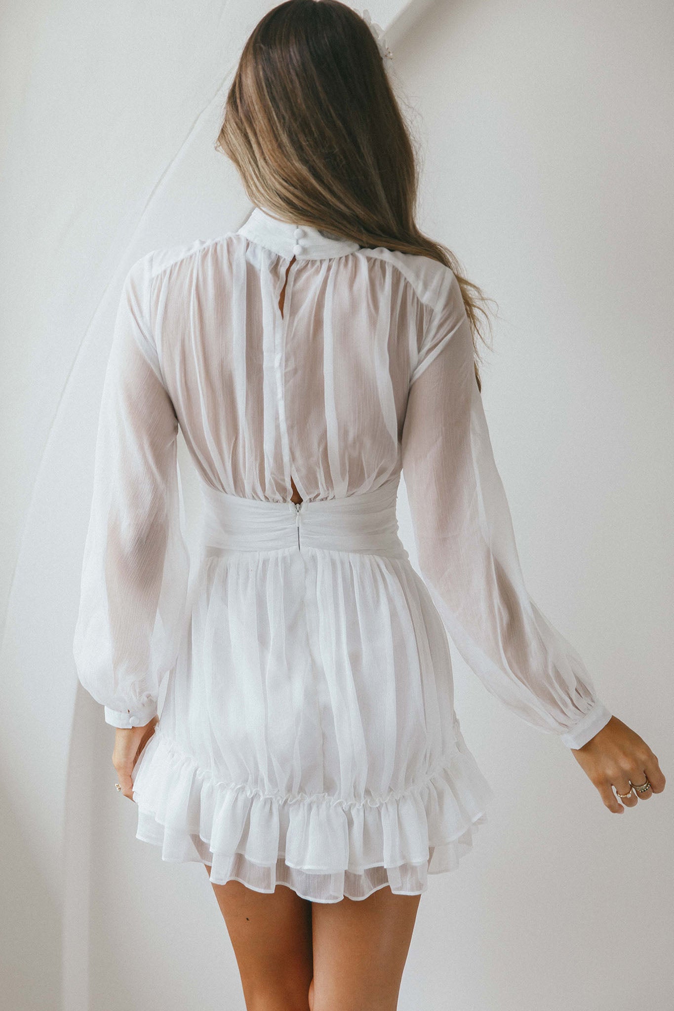 Mandalay High Neck Long Sleeve Waistband Dress White-Maymioy