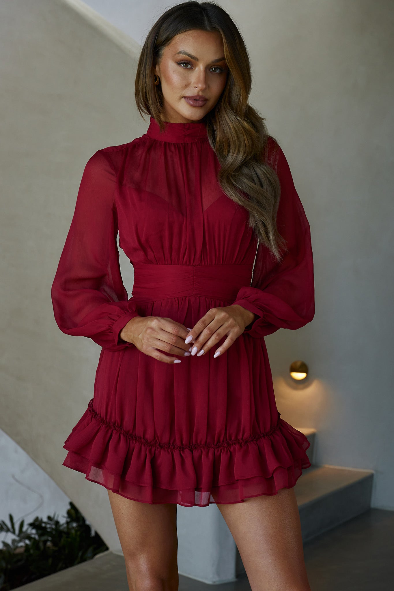 Mandalay High Neck Long Sleeve Waistband Dress Wine-Maymioy