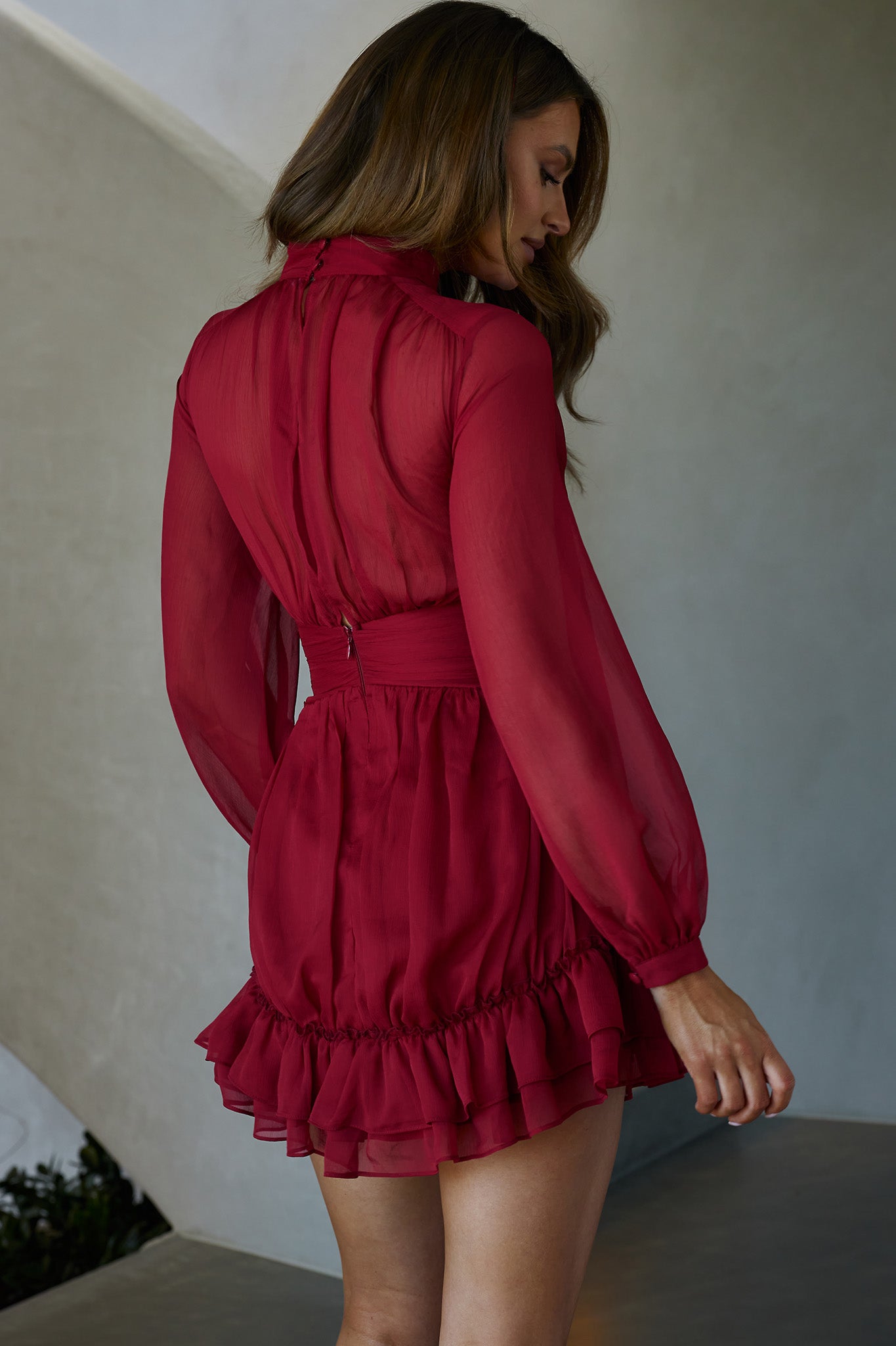 Mandalay High Neck Long Sleeve Waistband Dress Wine-Maymioy