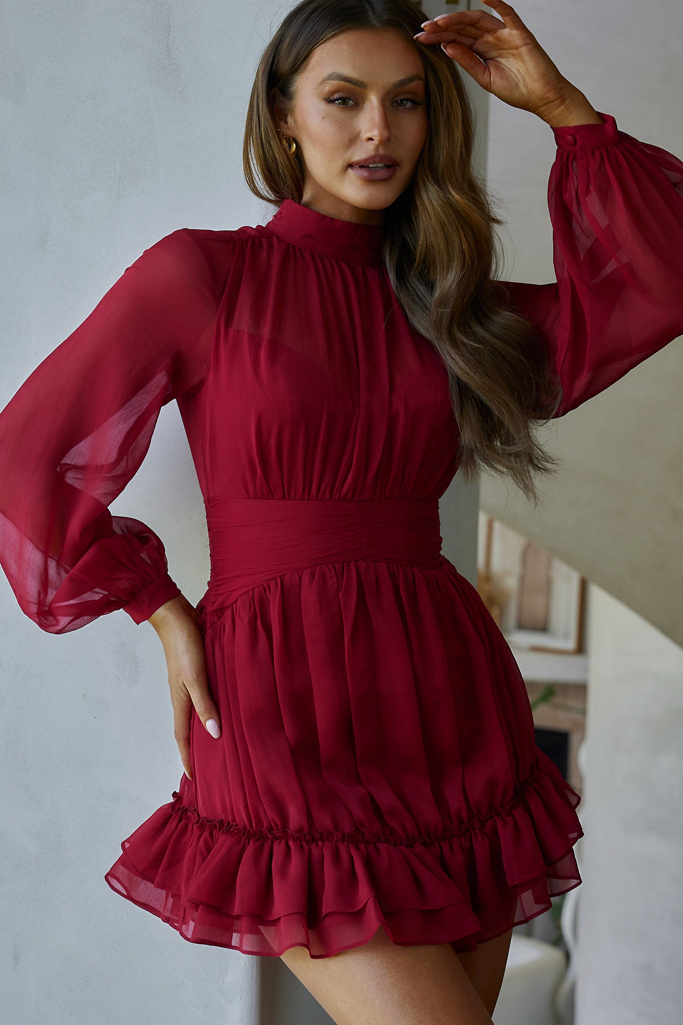 Mandalay High Neck Long Sleeve Waistband Dress Wine-Maymioy