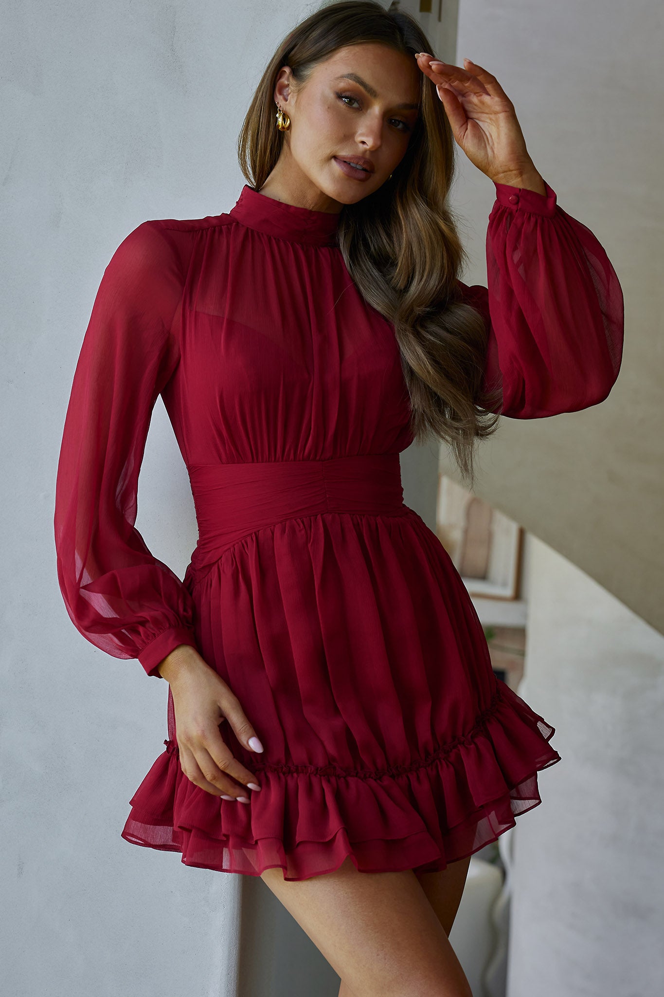 Mandalay High Neck Long Sleeve Waistband Dress Wine-Maymioy