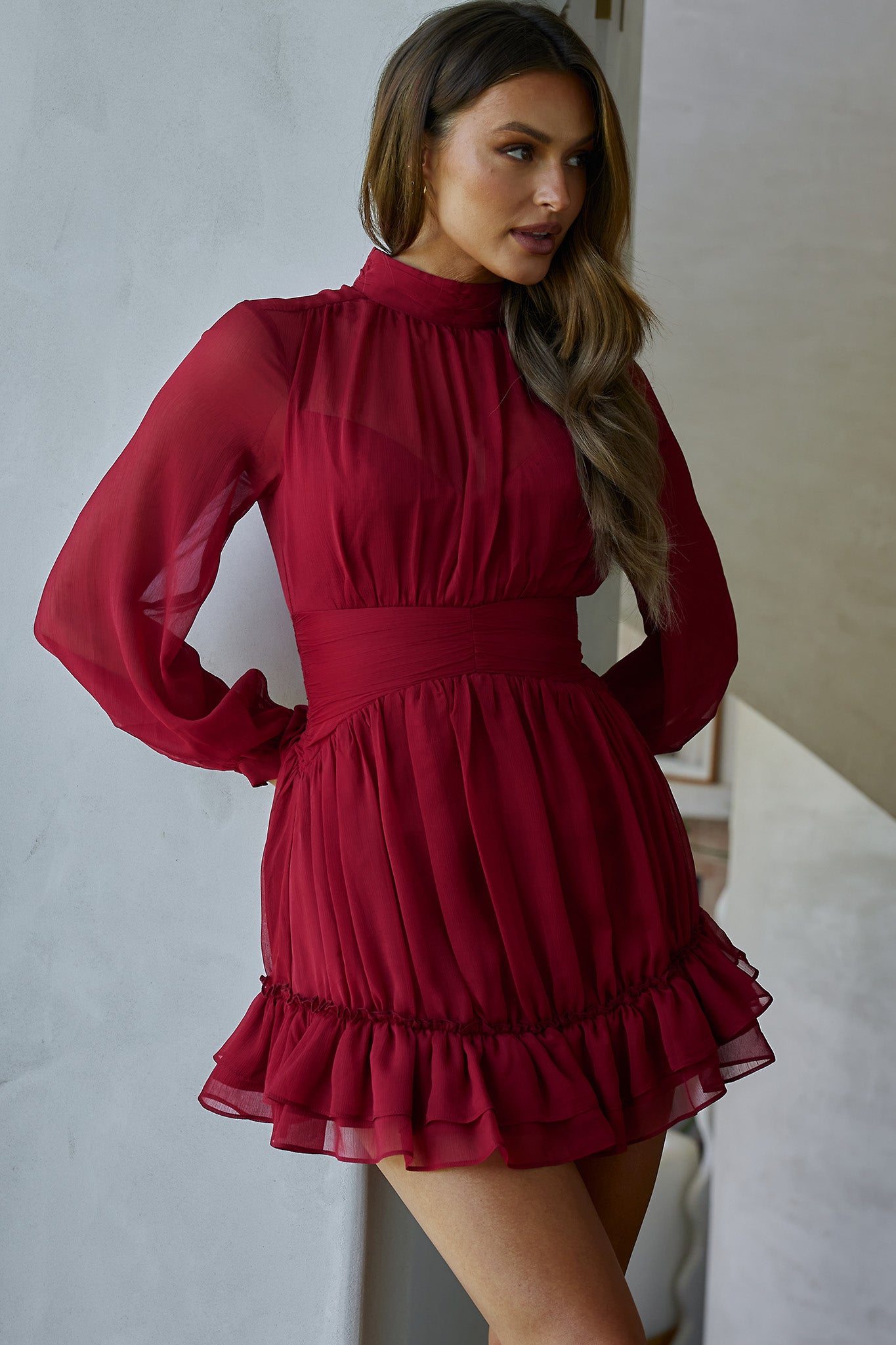 Mandalay High Neck Long Sleeve Waistband Dress Wine-Maymioy