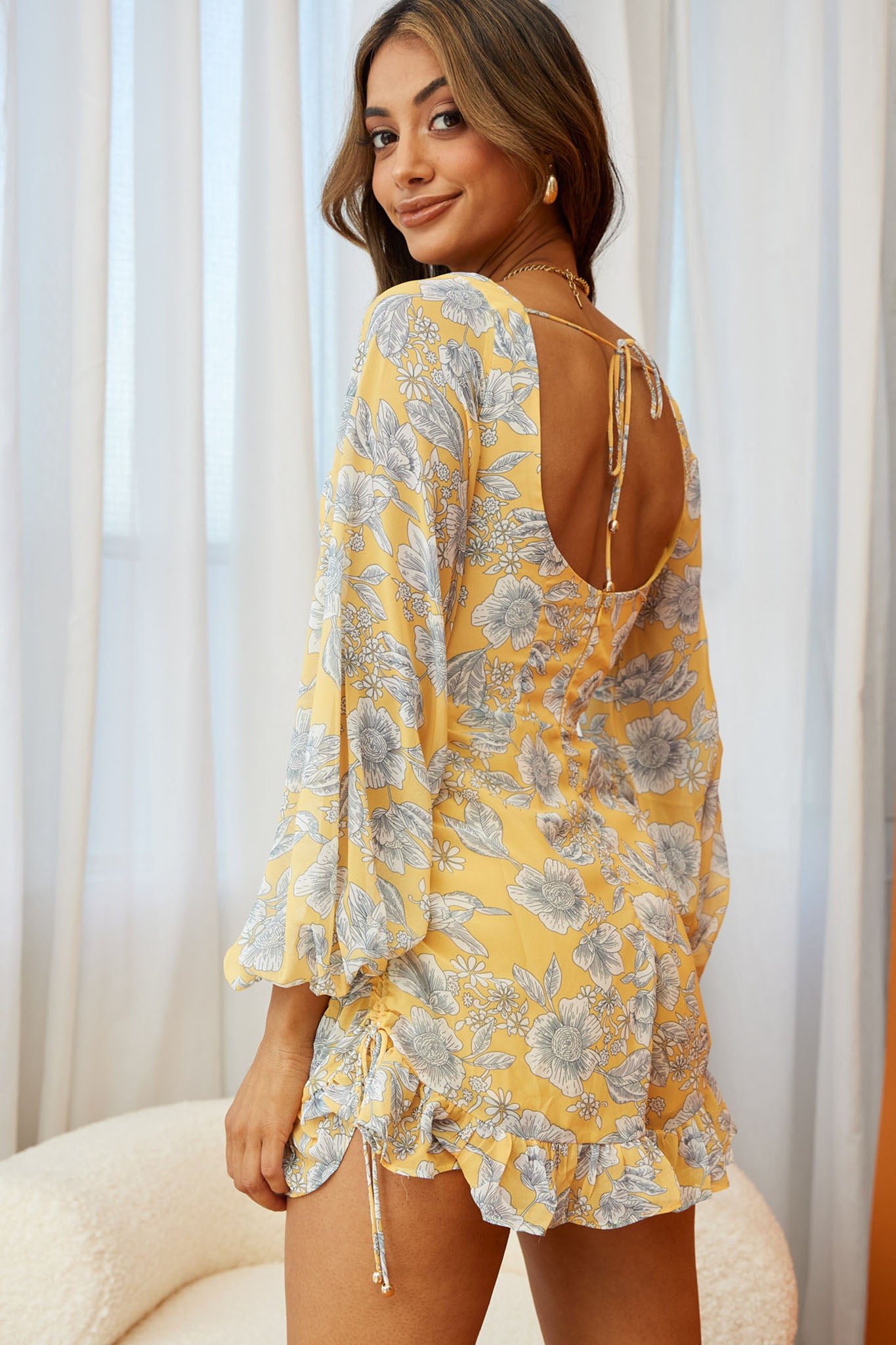 New Romance Long Sleeve Ruched Side Romper Floral Print Yellow-Maymioy