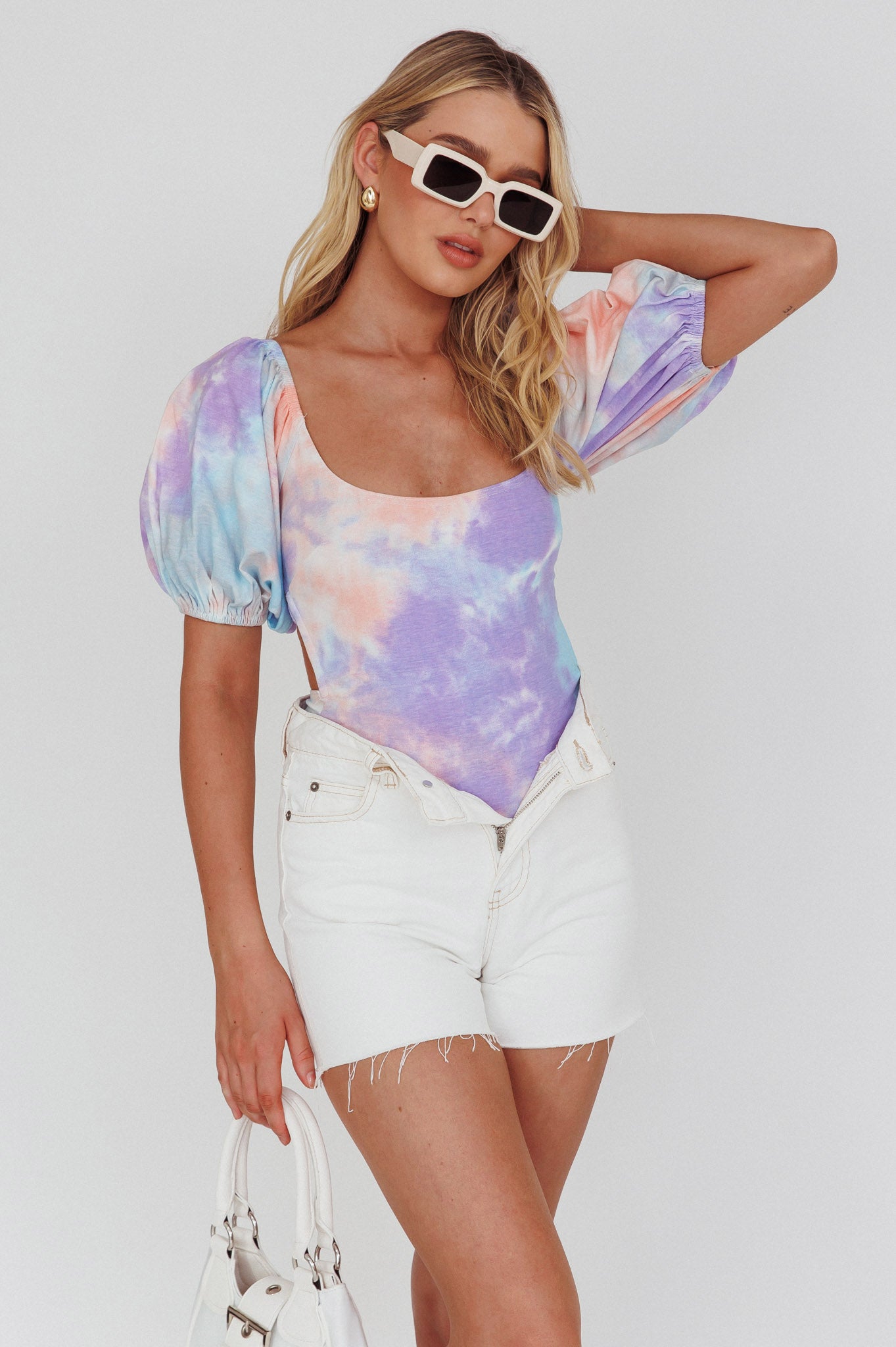Just A Glimpse Puff Sleeve Open Back Bodysuit Tie-Dye Purple/Blue-Maymioy