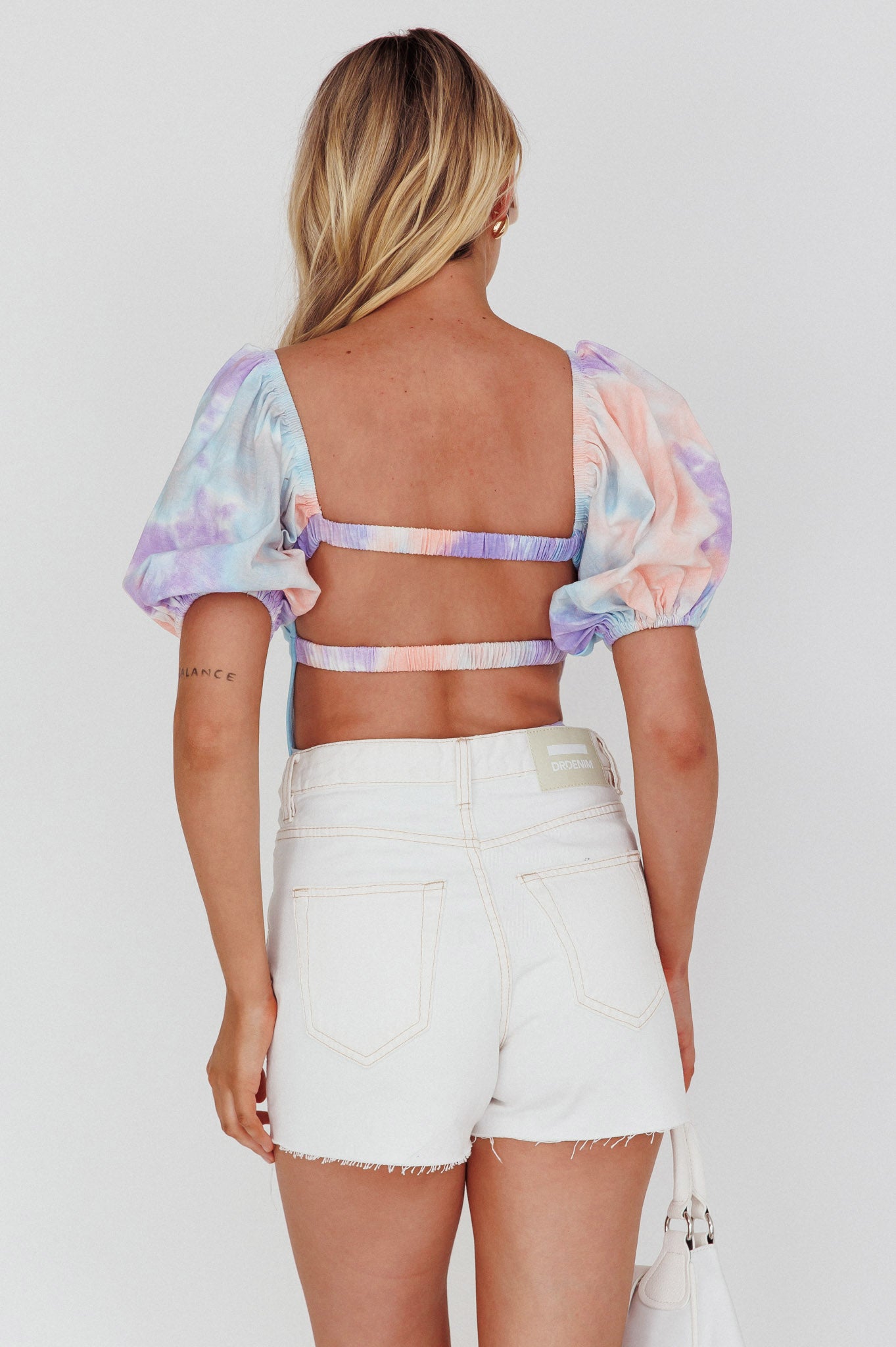 Just A Glimpse Puff Sleeve Open Back Bodysuit Tie-Dye Purple/Blue-Maymioy
