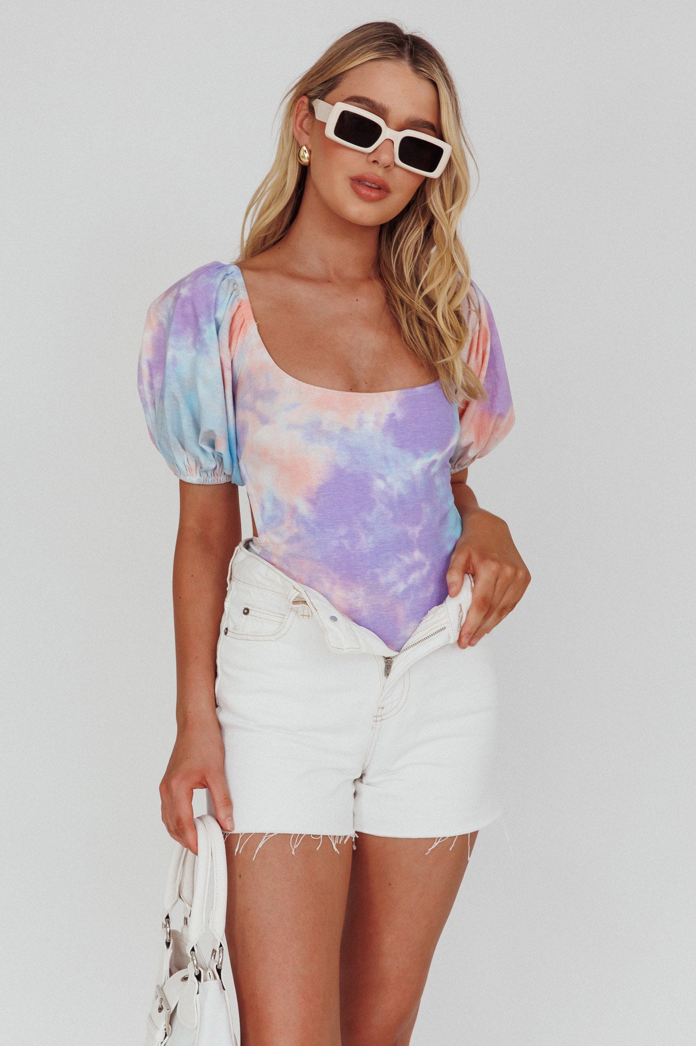 Just A Glimpse Puff Sleeve Open Back Bodysuit Tie-Dye Purple/Blue-Maymioy