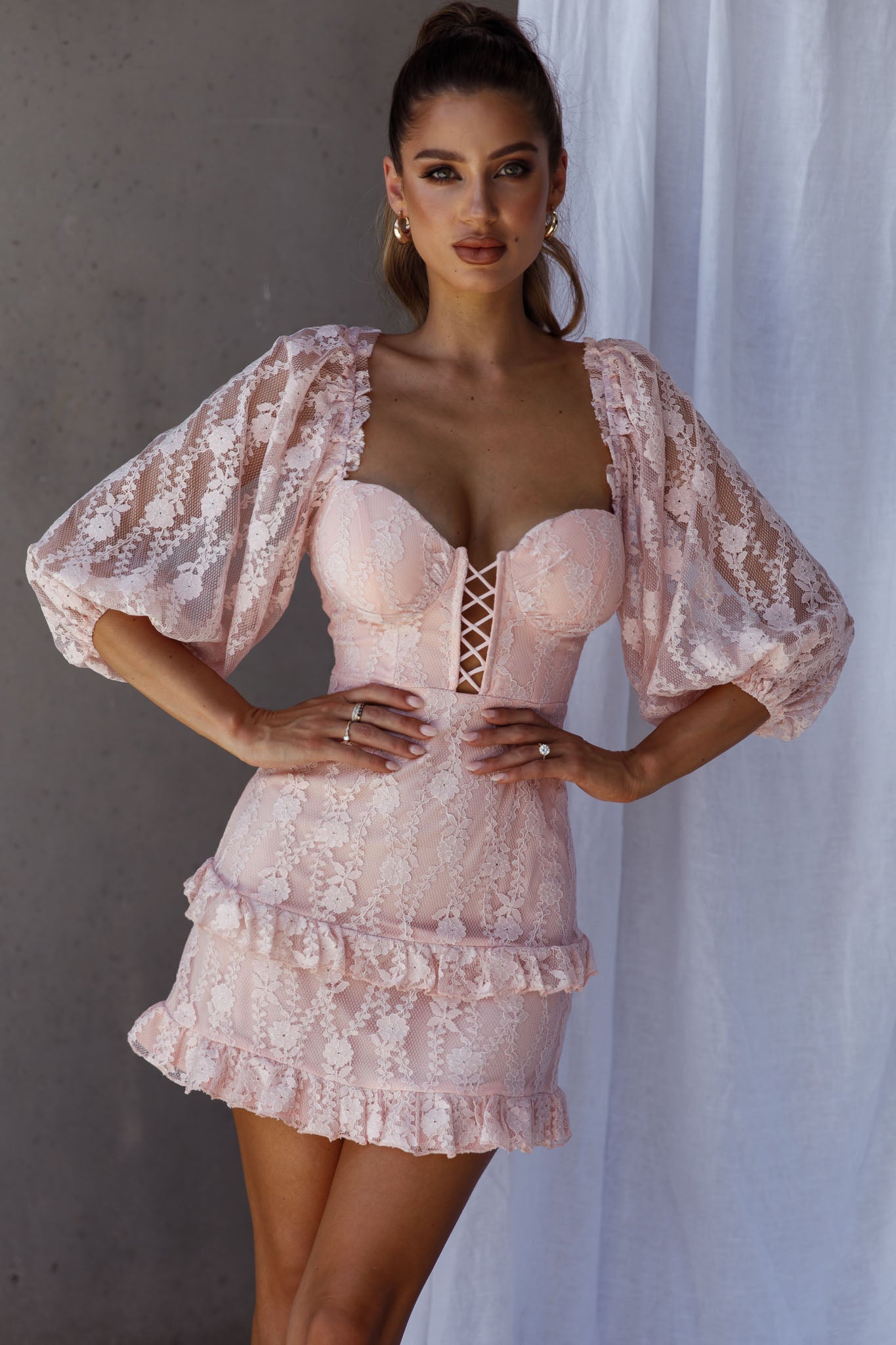 Hemingway Criss-Cross Bust Balloon Sleeve Frill Trim Lace Dress Blush-Maymioy