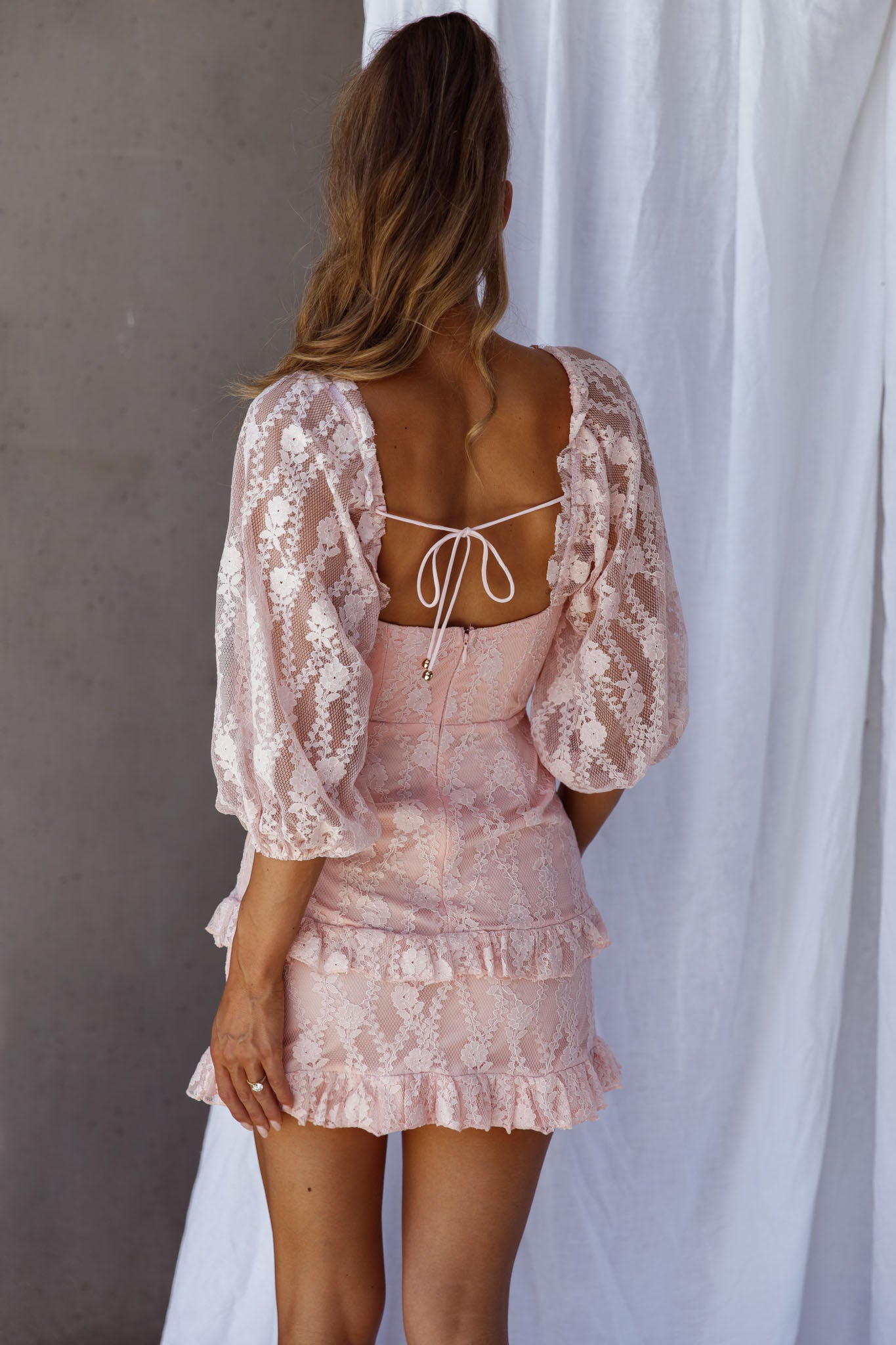 Hemingway Criss-Cross Bust Balloon Sleeve Frill Trim Lace Dress Blush-Maymioy