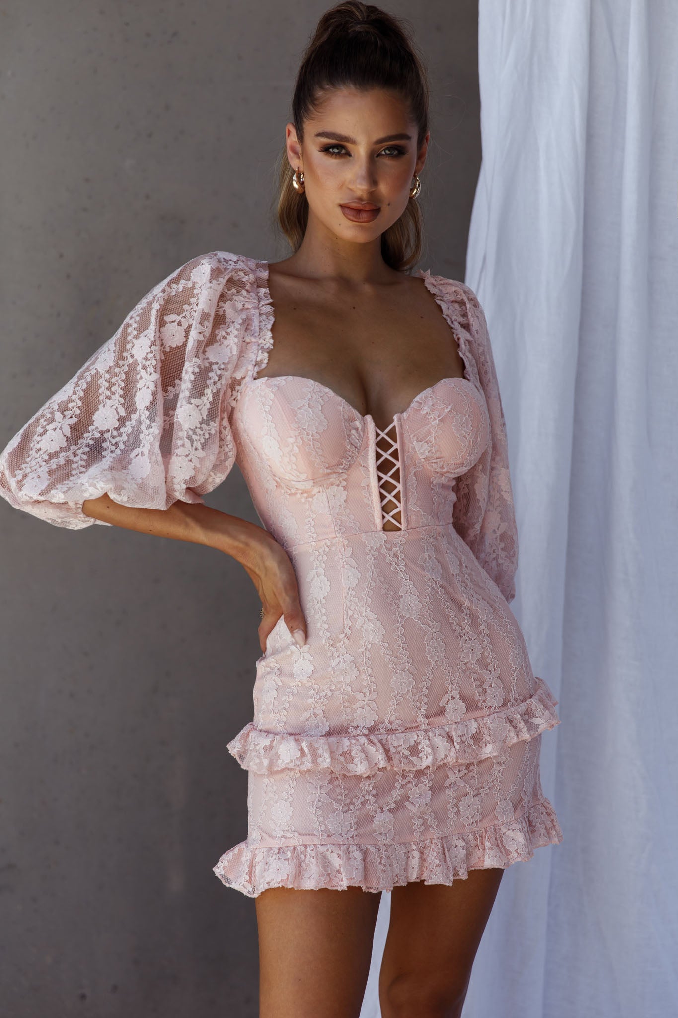 Hemingway Criss-Cross Bust Balloon Sleeve Frill Trim Lace Dress Blush-Maymioy