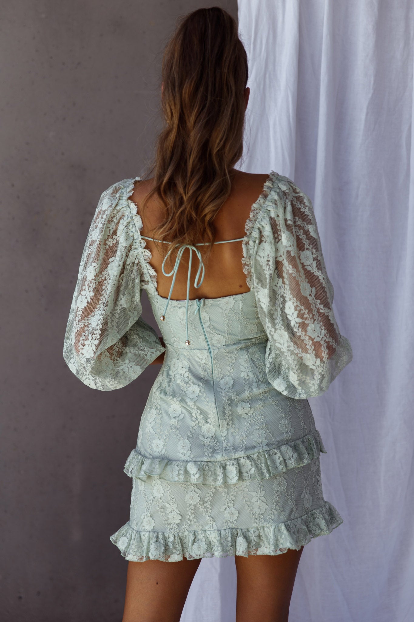 Hemingway Criss-Cross Bust Balloon Sleeve Frill Trim Lace Dress Sage-Maymioy