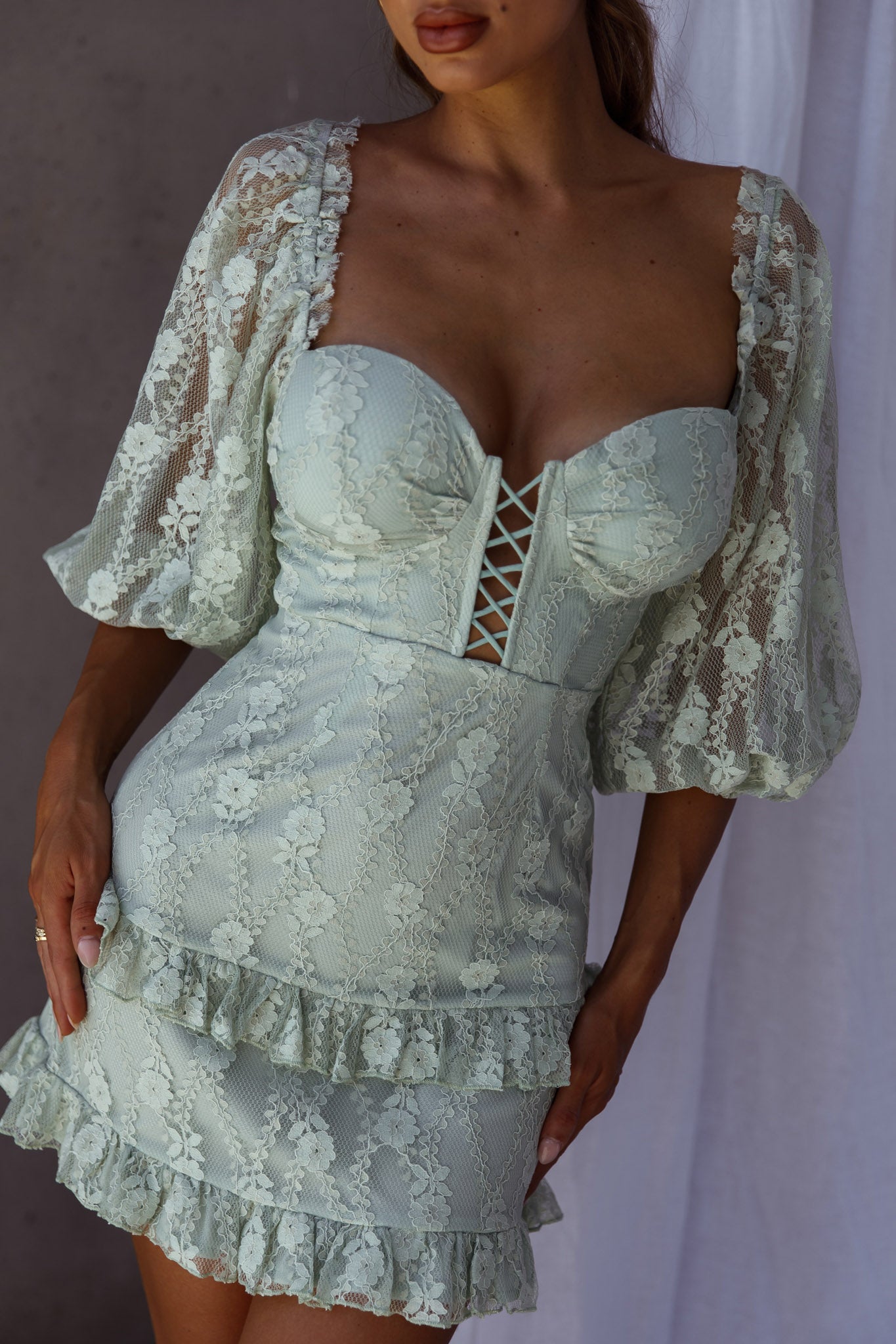 Hemingway Criss-Cross Bust Balloon Sleeve Frill Trim Lace Dress Sage-Maymioy